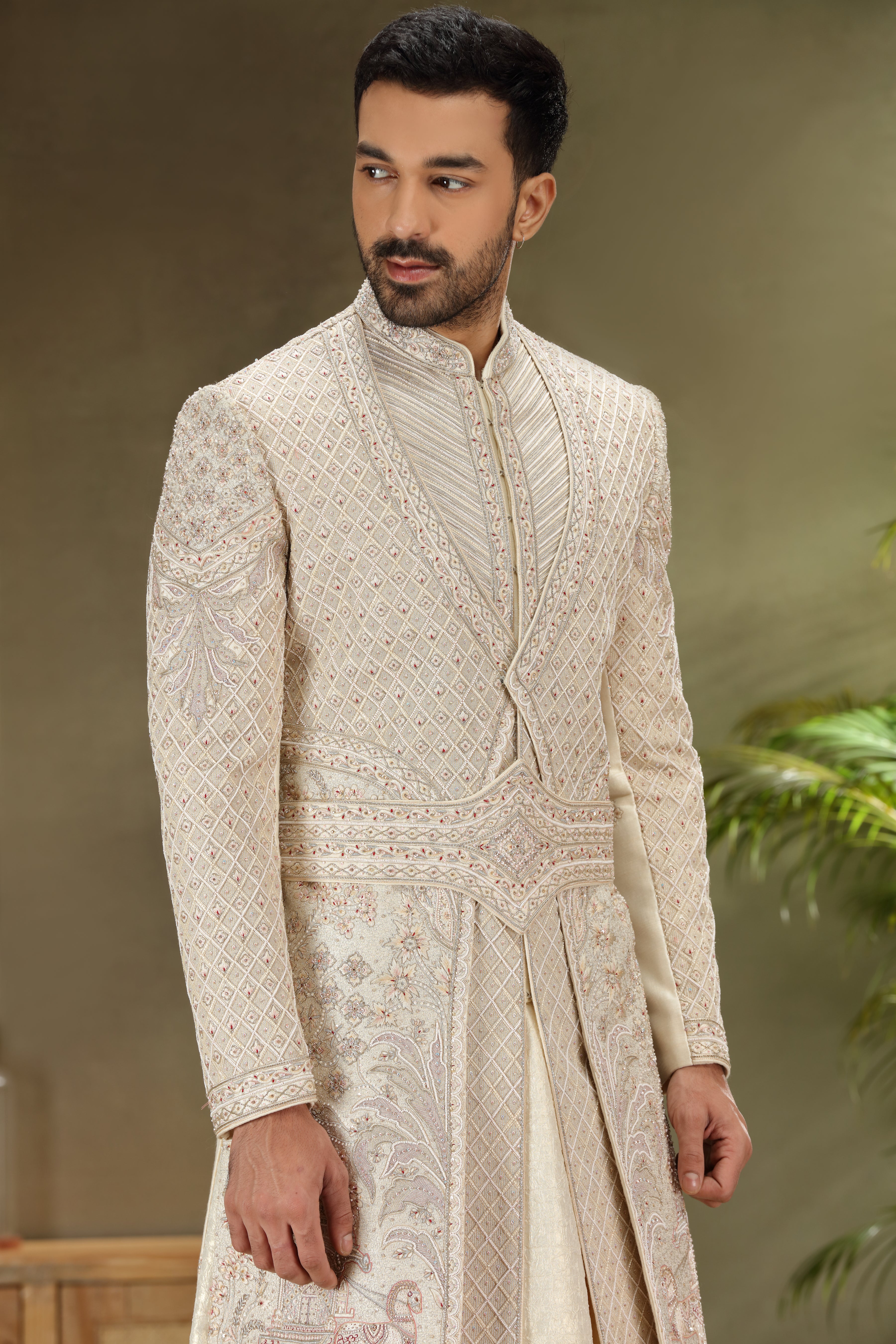 Light Cream Silk Sherwani with Resham Aari Zardoshi Work