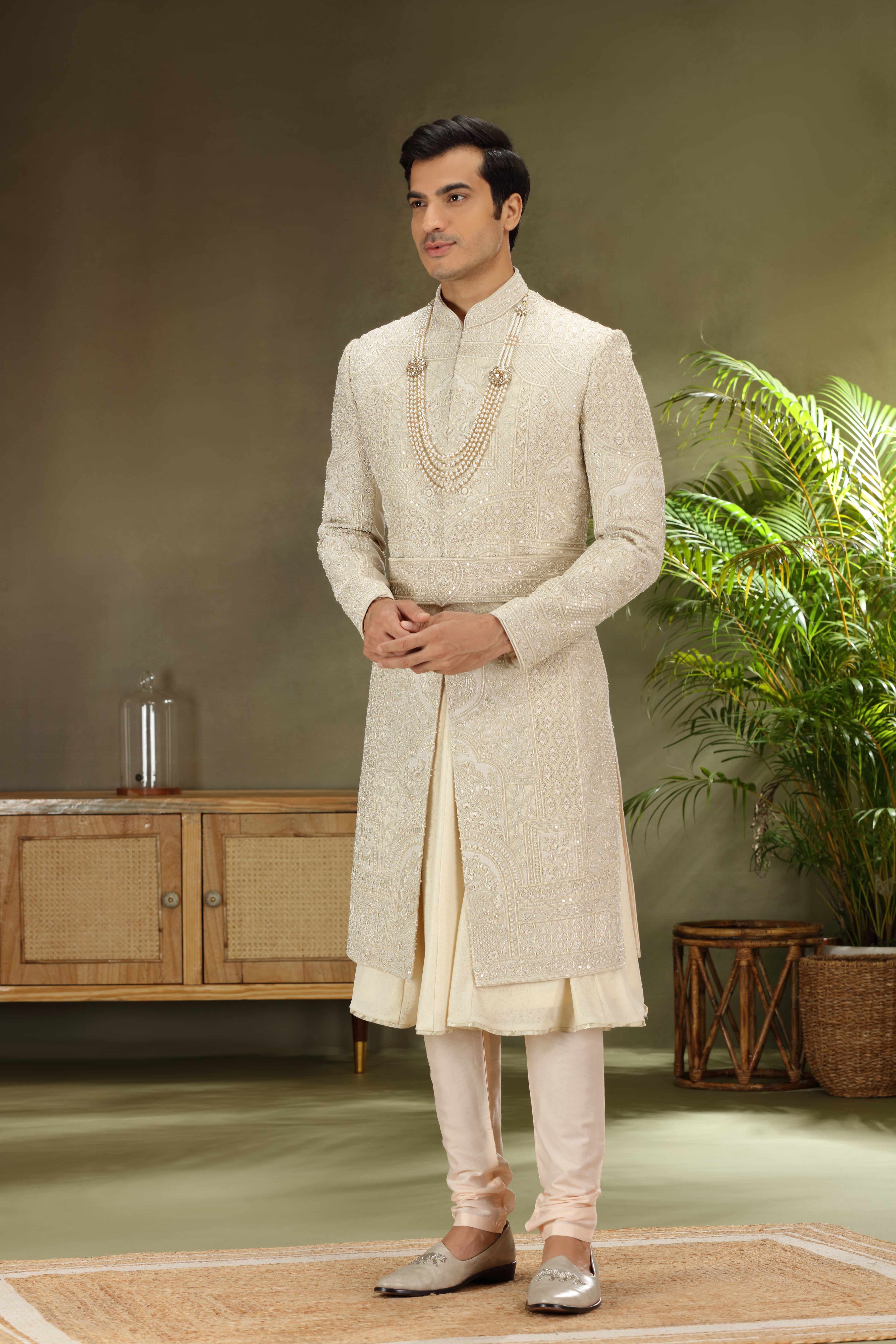 Feon Cream Silk Sherwani with Resham Zardoshi, Pearl Work