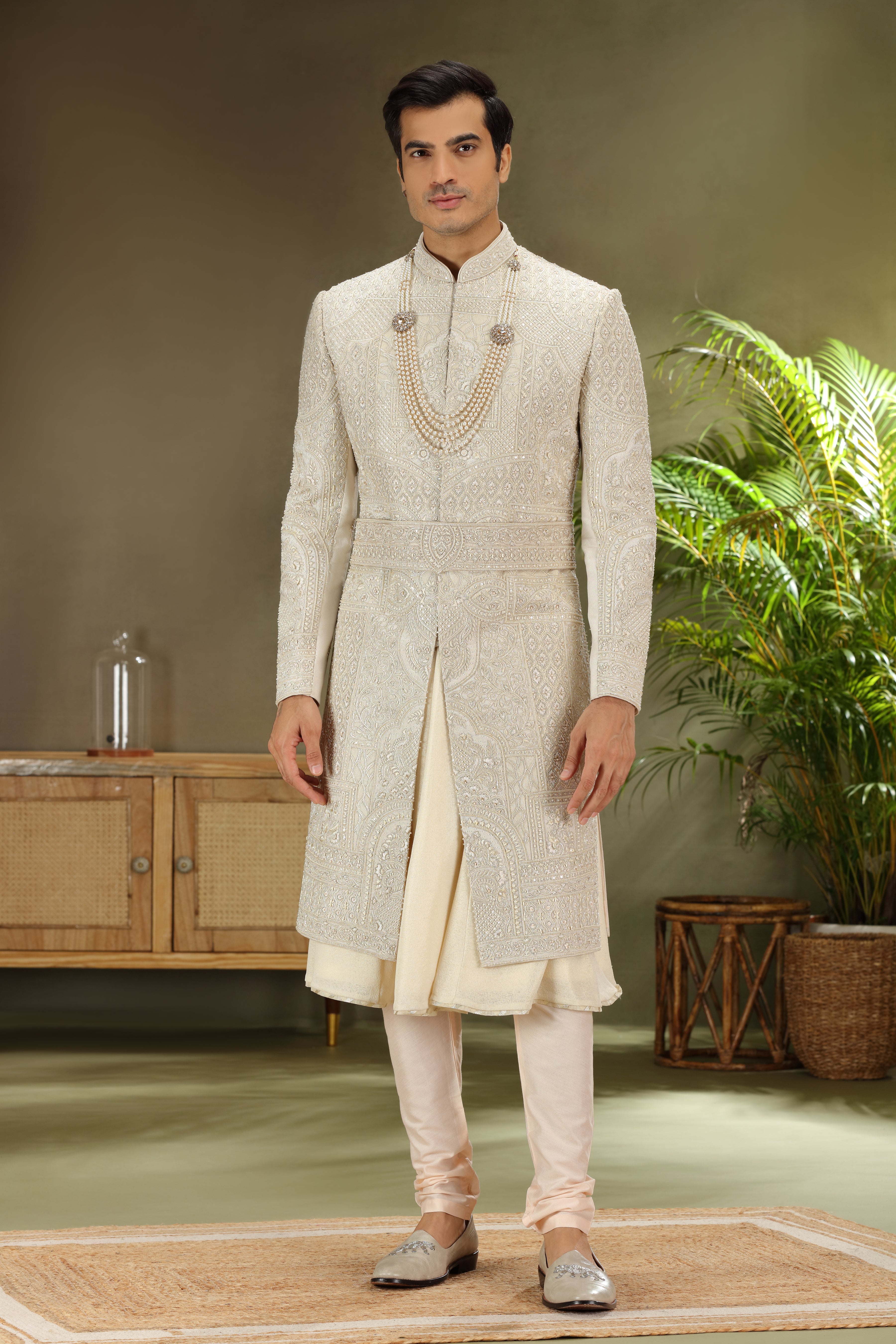 Feon Cream Silk Sherwani with Resham Zardoshi, Pearl Work
