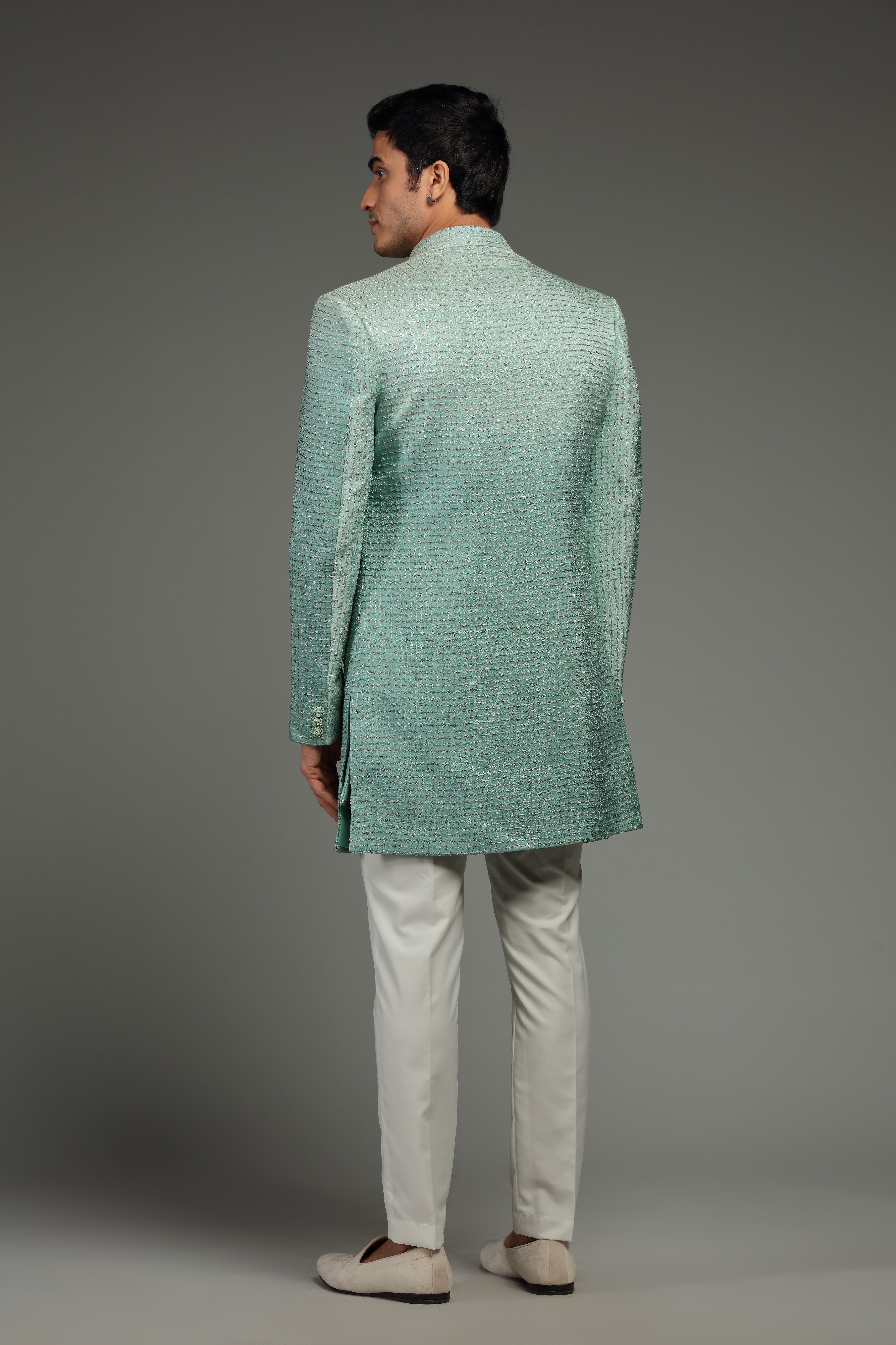 Pastel Green Silk Jacket Set With Resham & Sequin - Shreeman