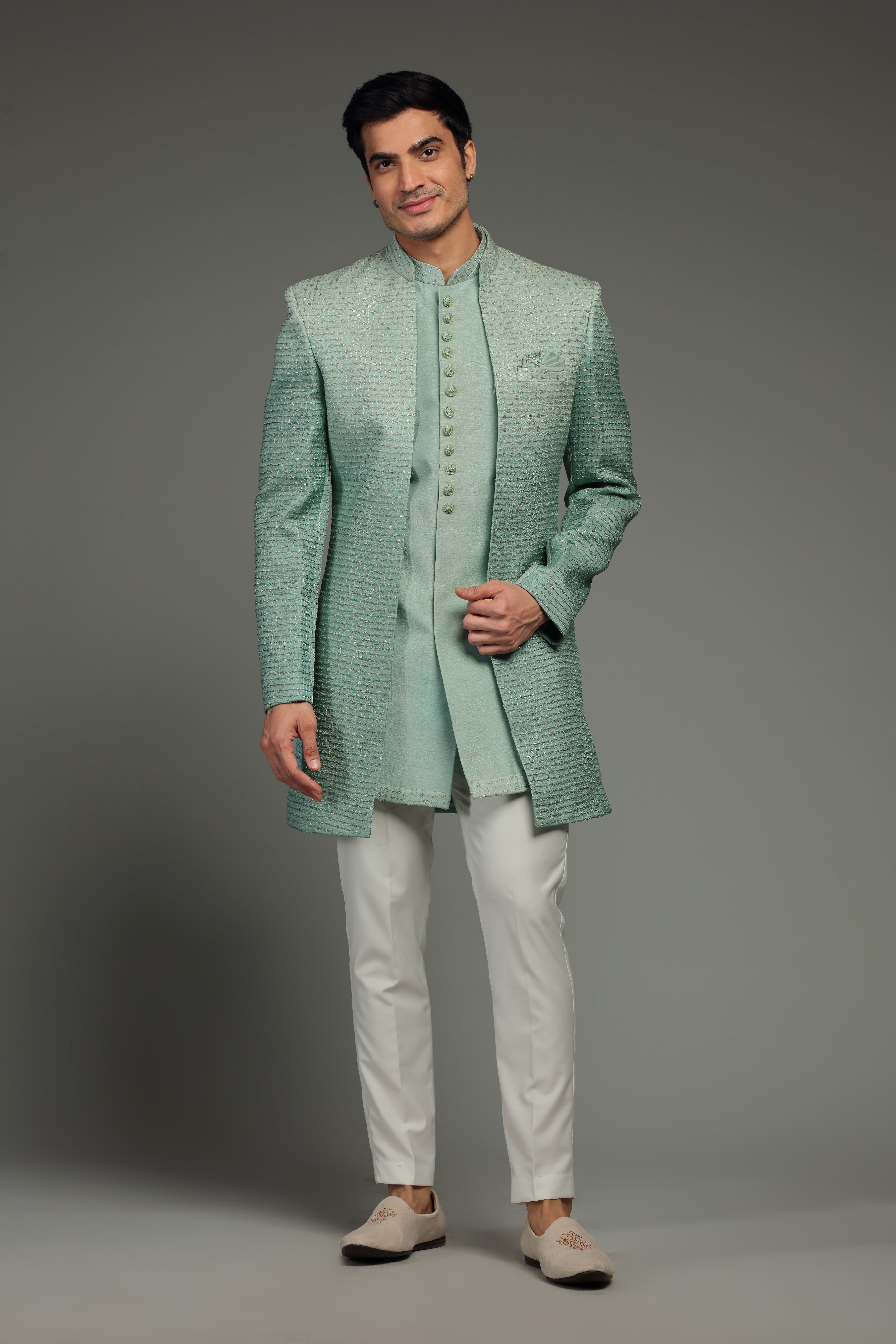 Pastel Green Silk Jacket Set With Resham & Sequin - Shreeman