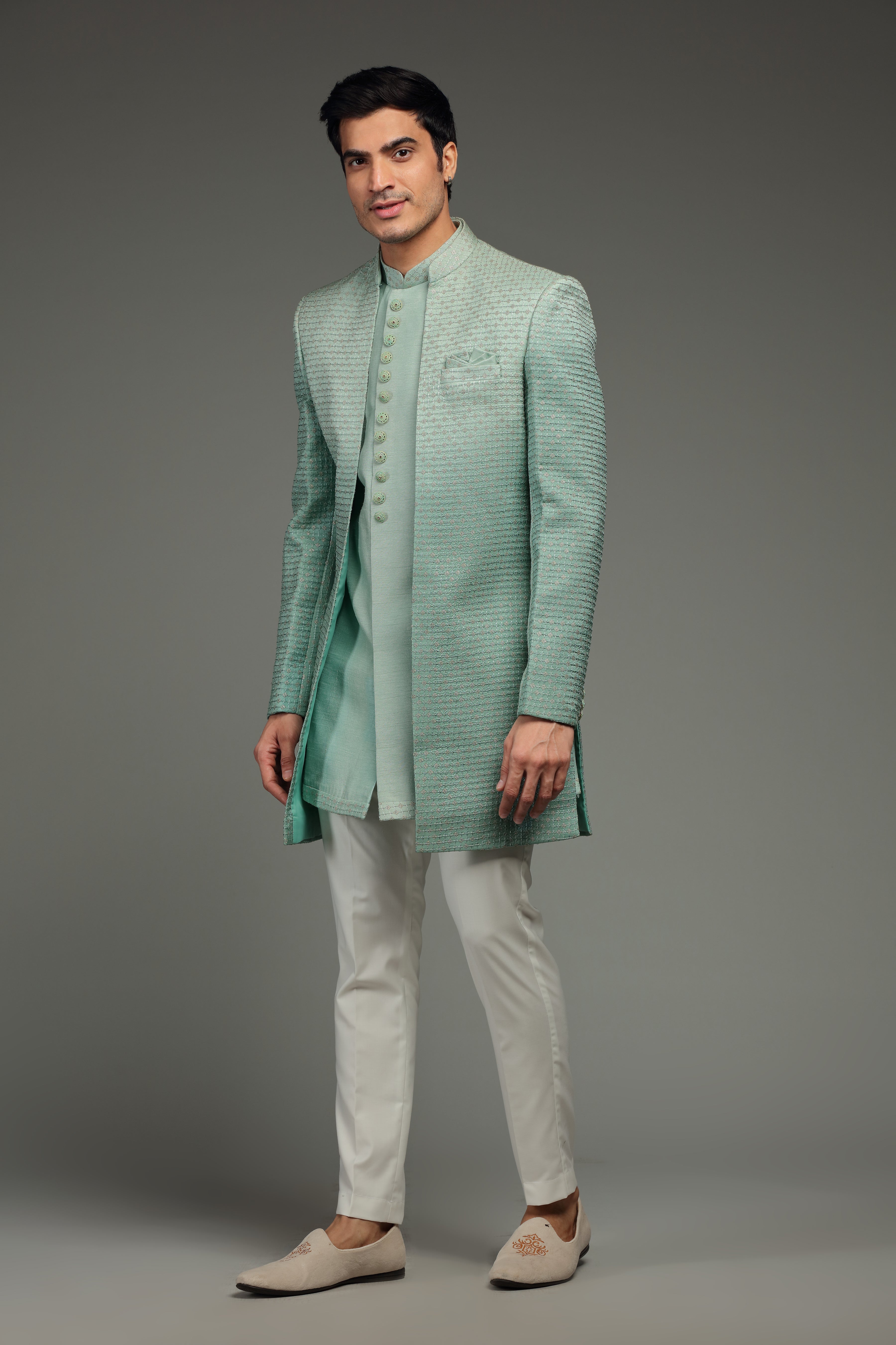 Pastel Green Silk Jacket Set With Resham & Sequin - Shreeman