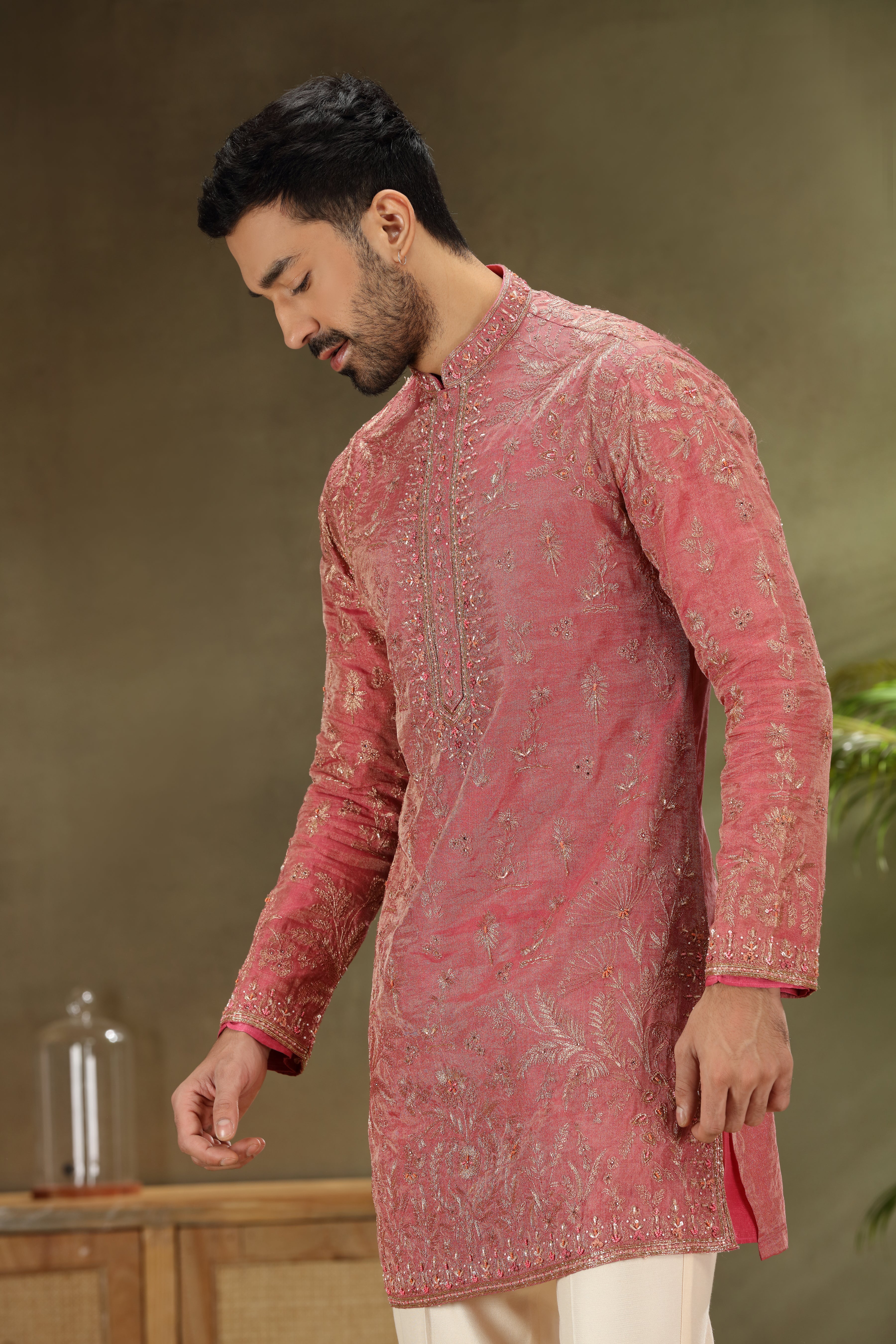 Fucia Pink Tissue Silk Kurta Set with Resham Aari Work