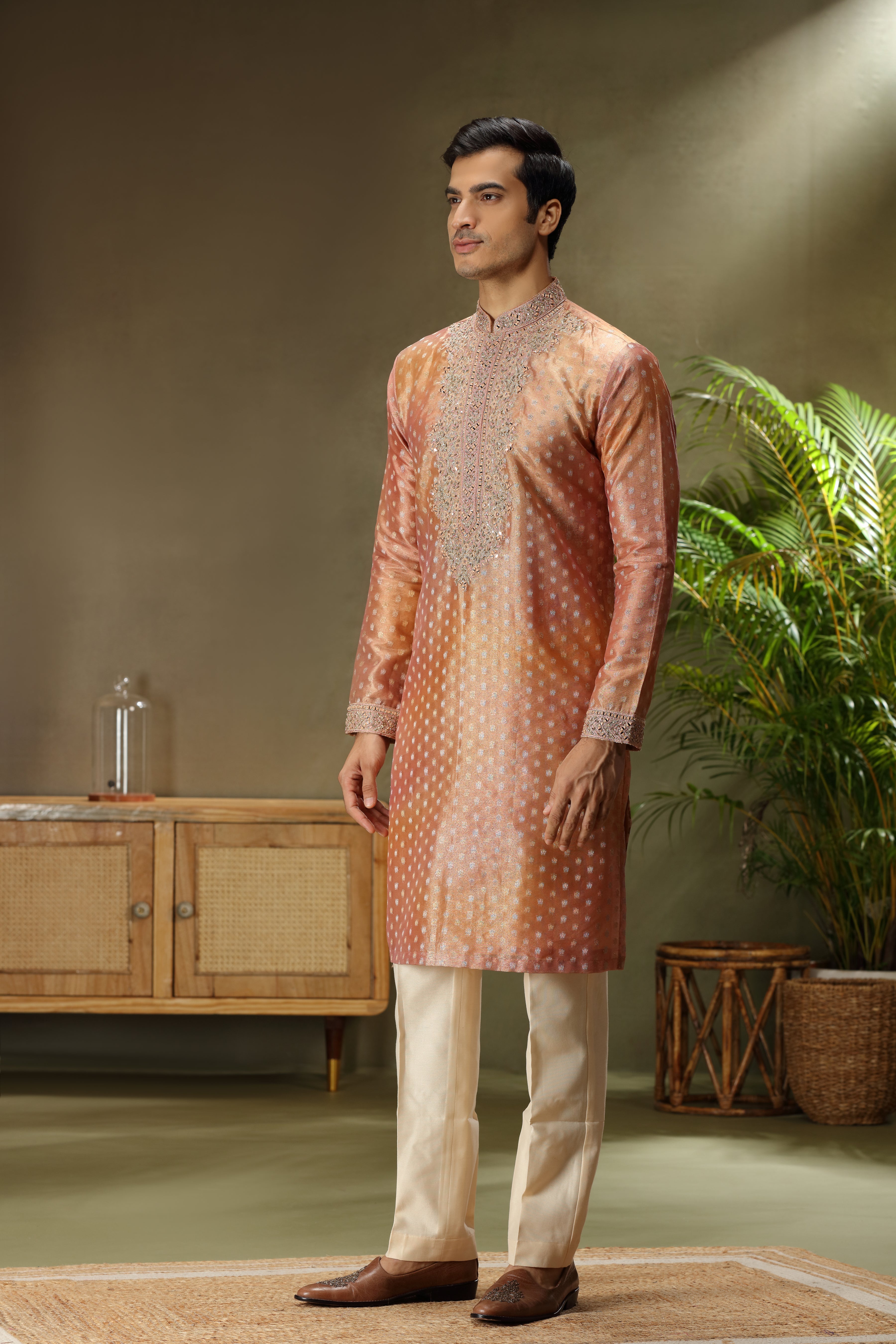 Burnt Orange Tissue Silk Kurta Set with Bead Zardoshi Work