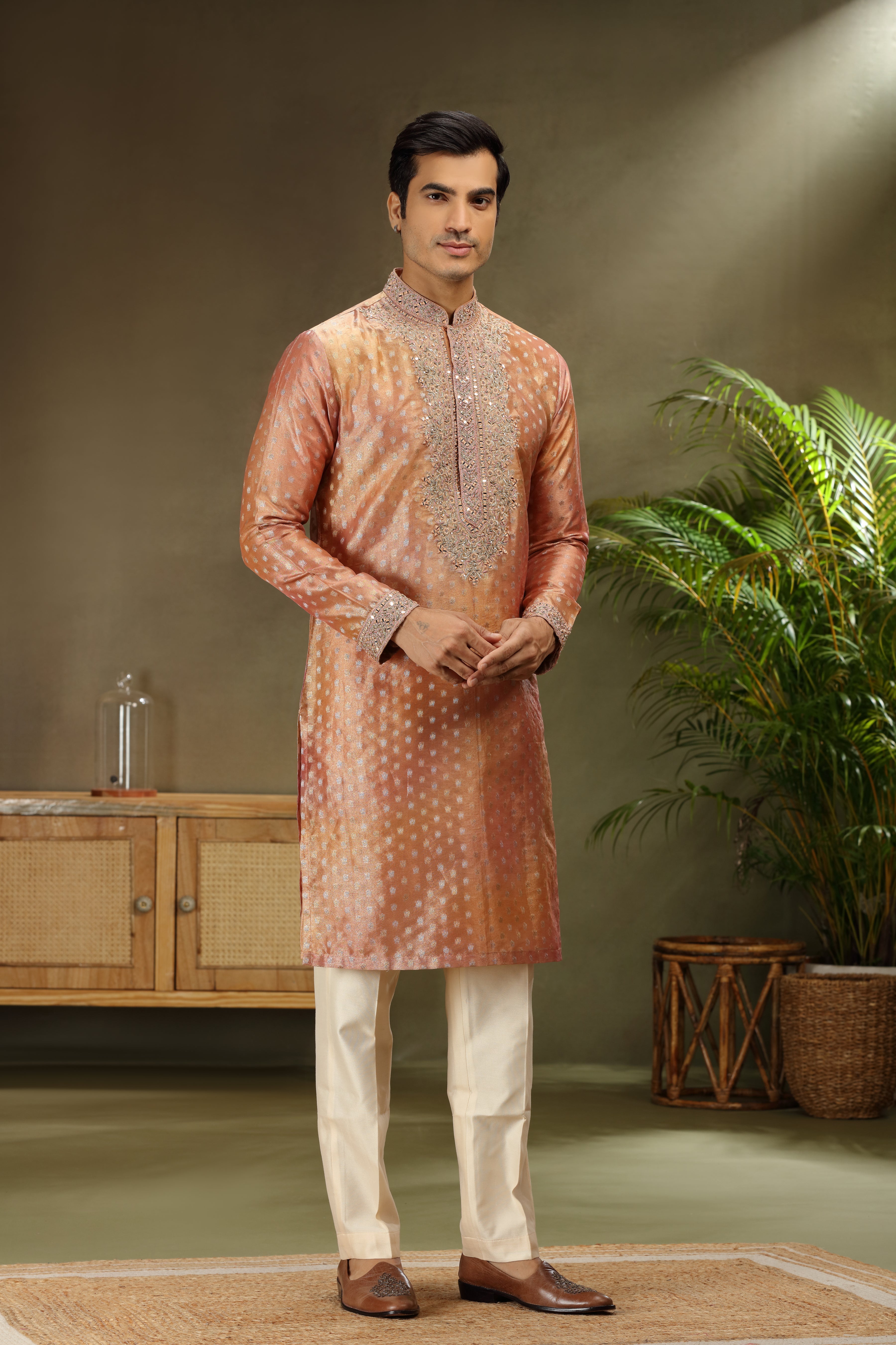 Burnt Orange Tissue Silk Kurta Set with Bead Zardoshi Work