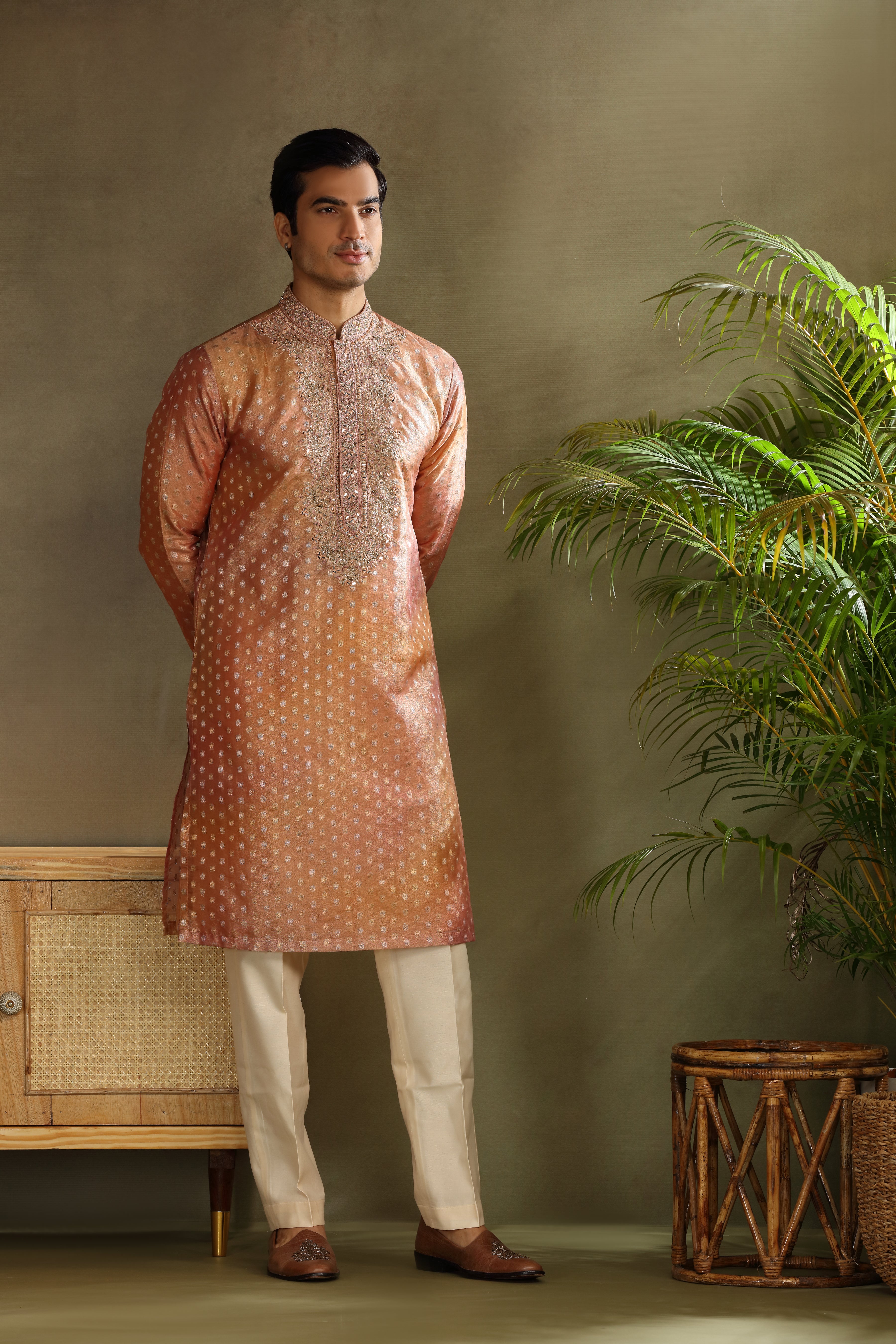 Burnt Orange Tissue Silk Kurta Set with Bead Zardoshi Work