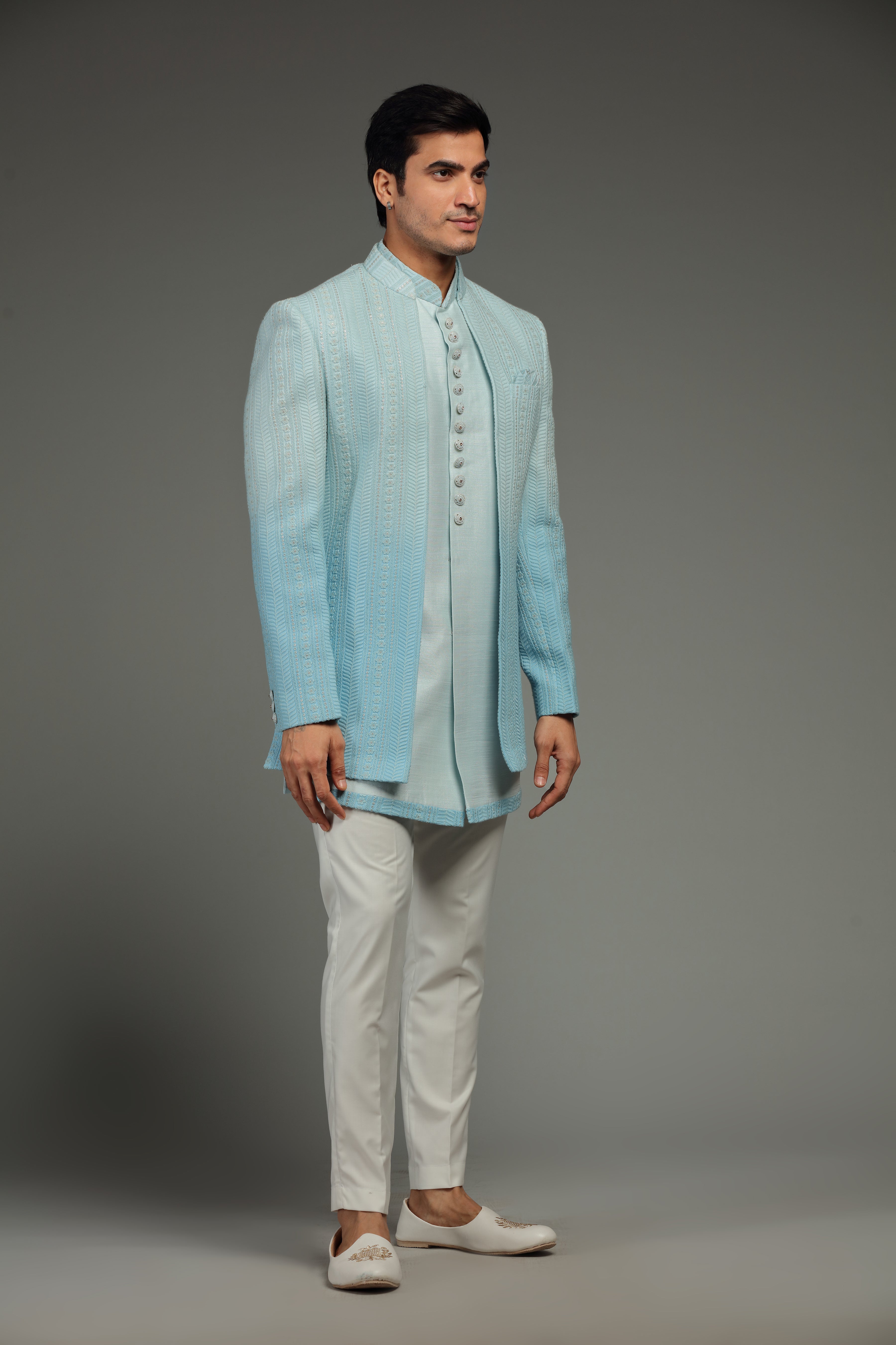 Pastel Blue Ombre Silk Jacket Set In Floral Embroidery - Shreeman