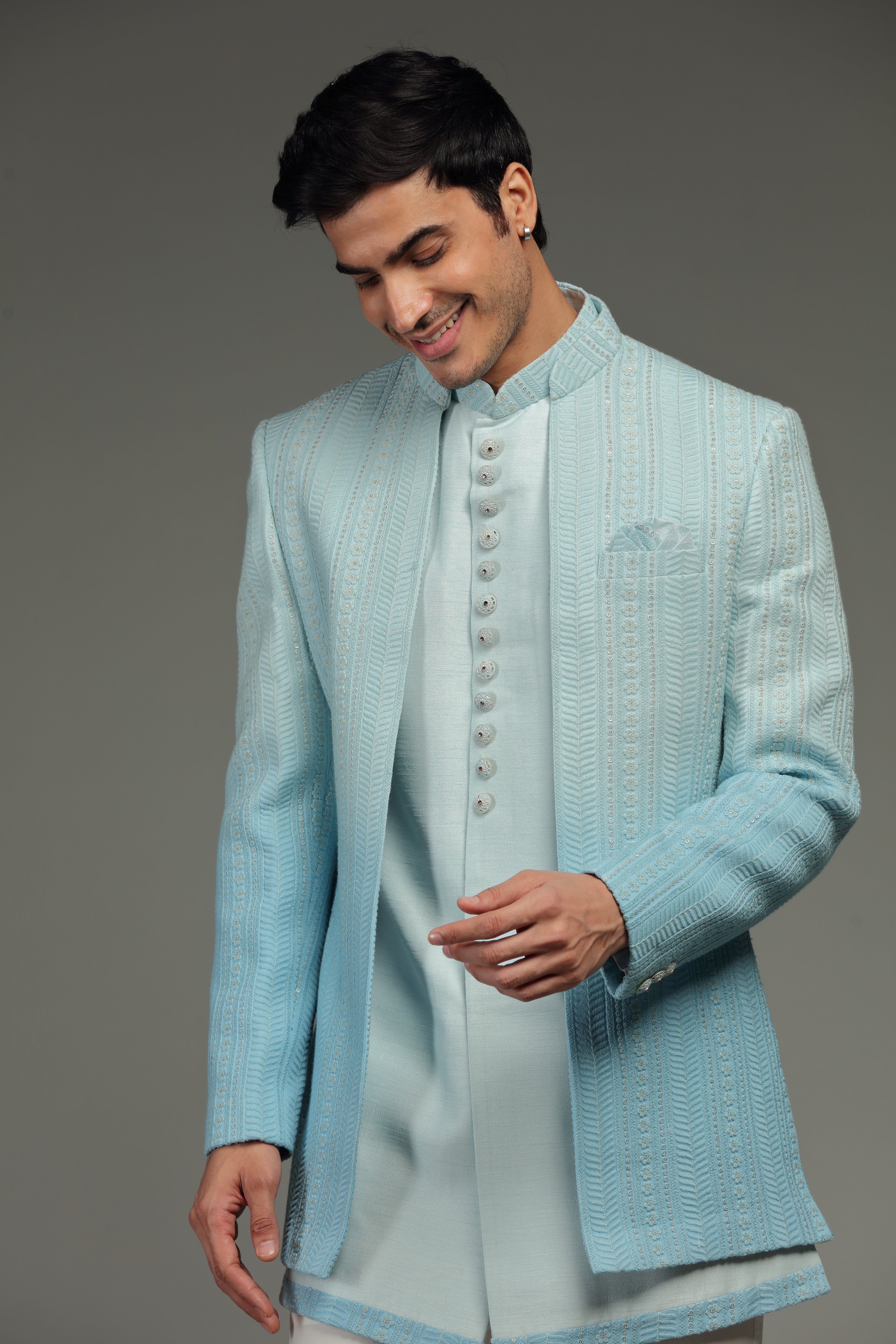 Pastel Blue Ombre Silk Jacket Set In Floral Embroidery - Shreeman