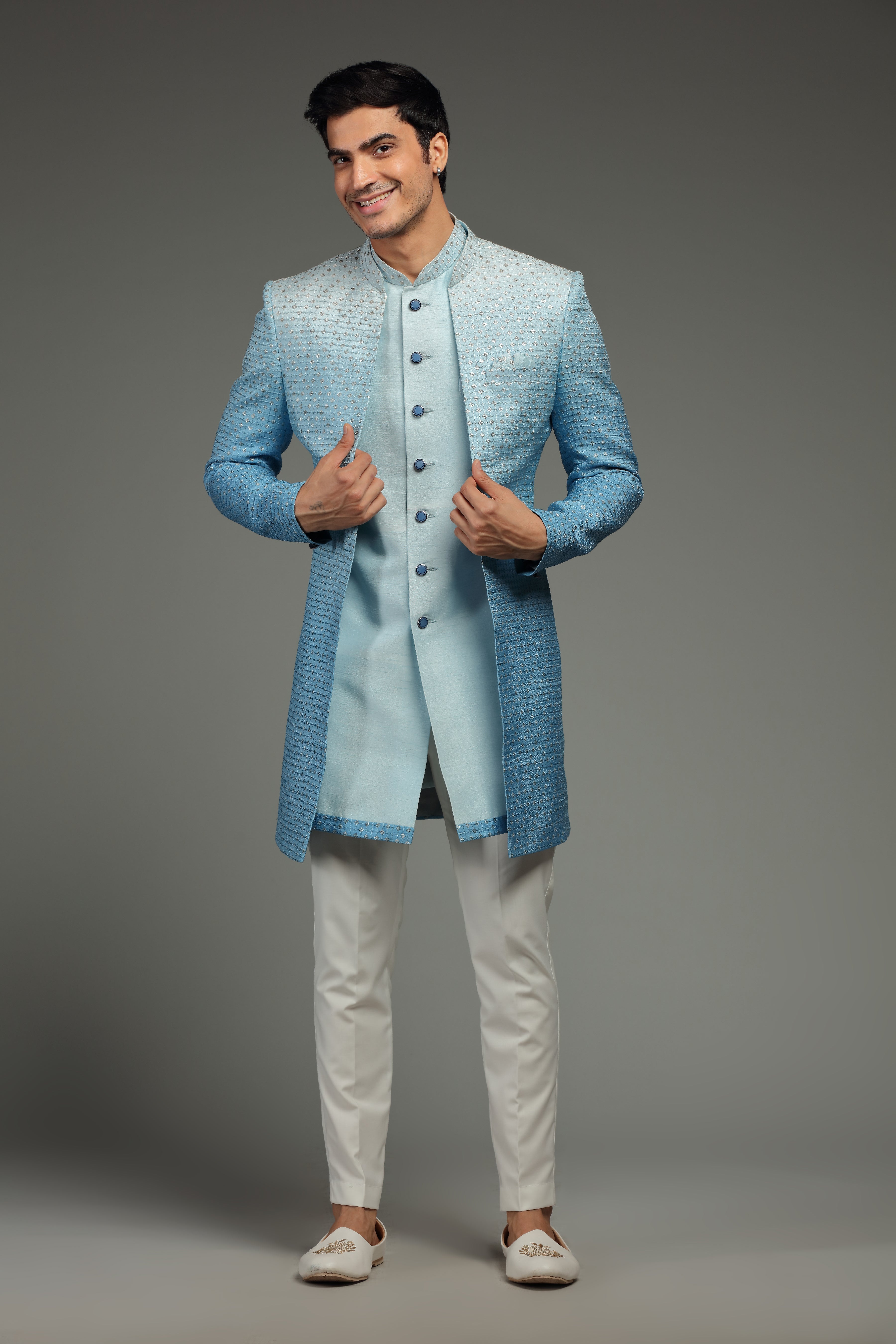 Dark Blue Ombre Jacket Set With Resham & Sequin - Shreeman