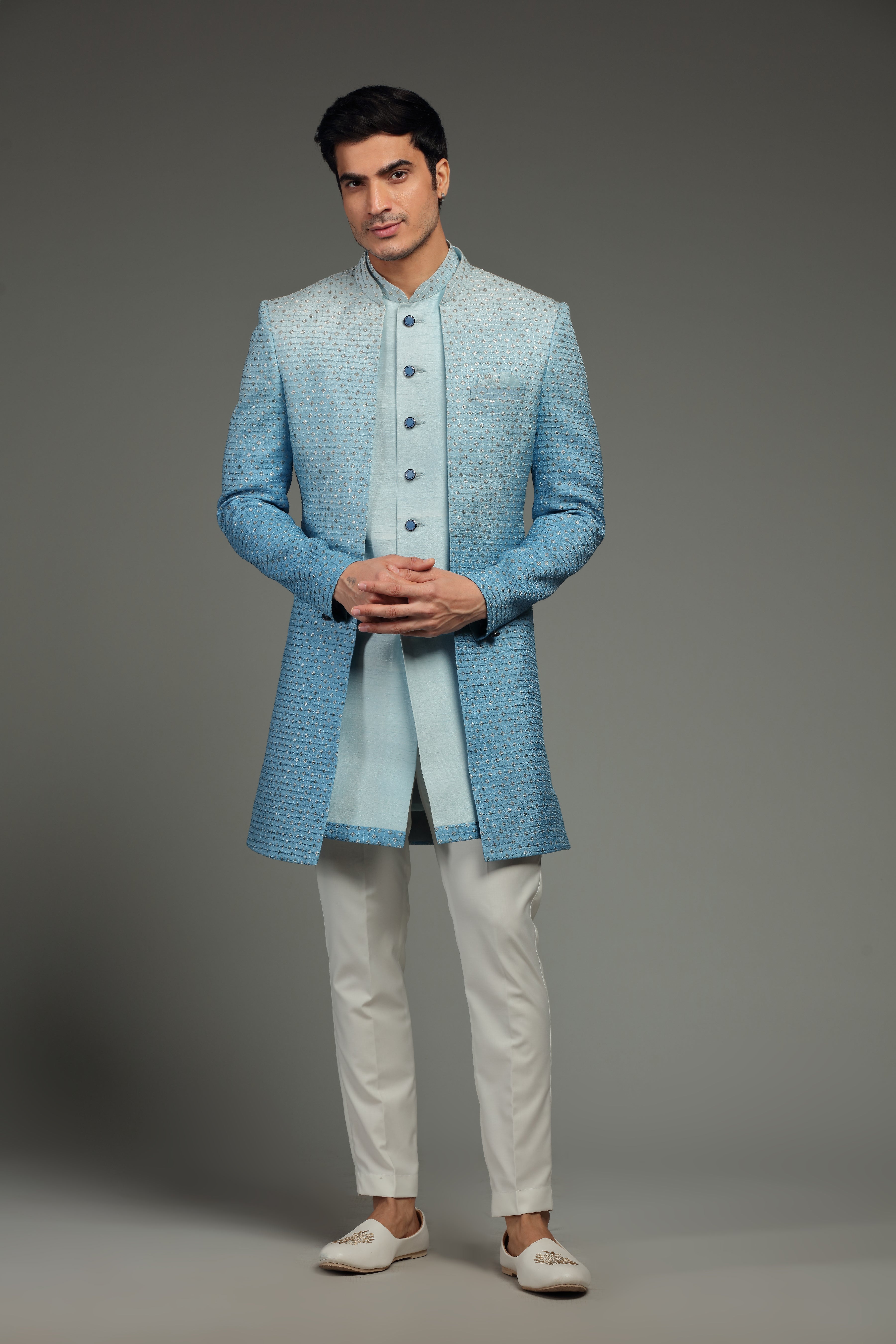 Dark Blue Ombre Jacket Set With Resham & Sequin - Shreeman