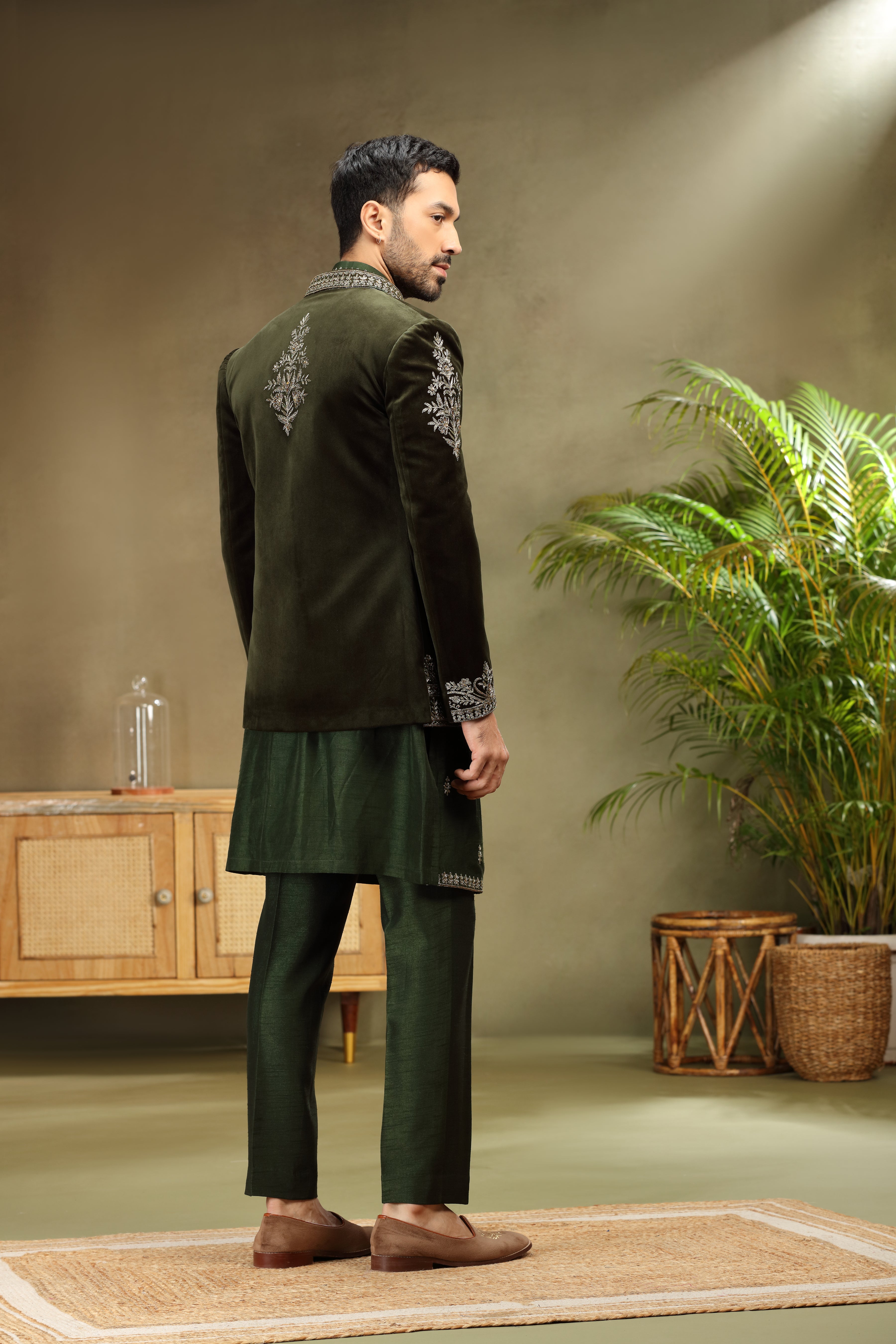 Bottle Green Velvet Jodhpuri Set with Dori Resham Pearl Work