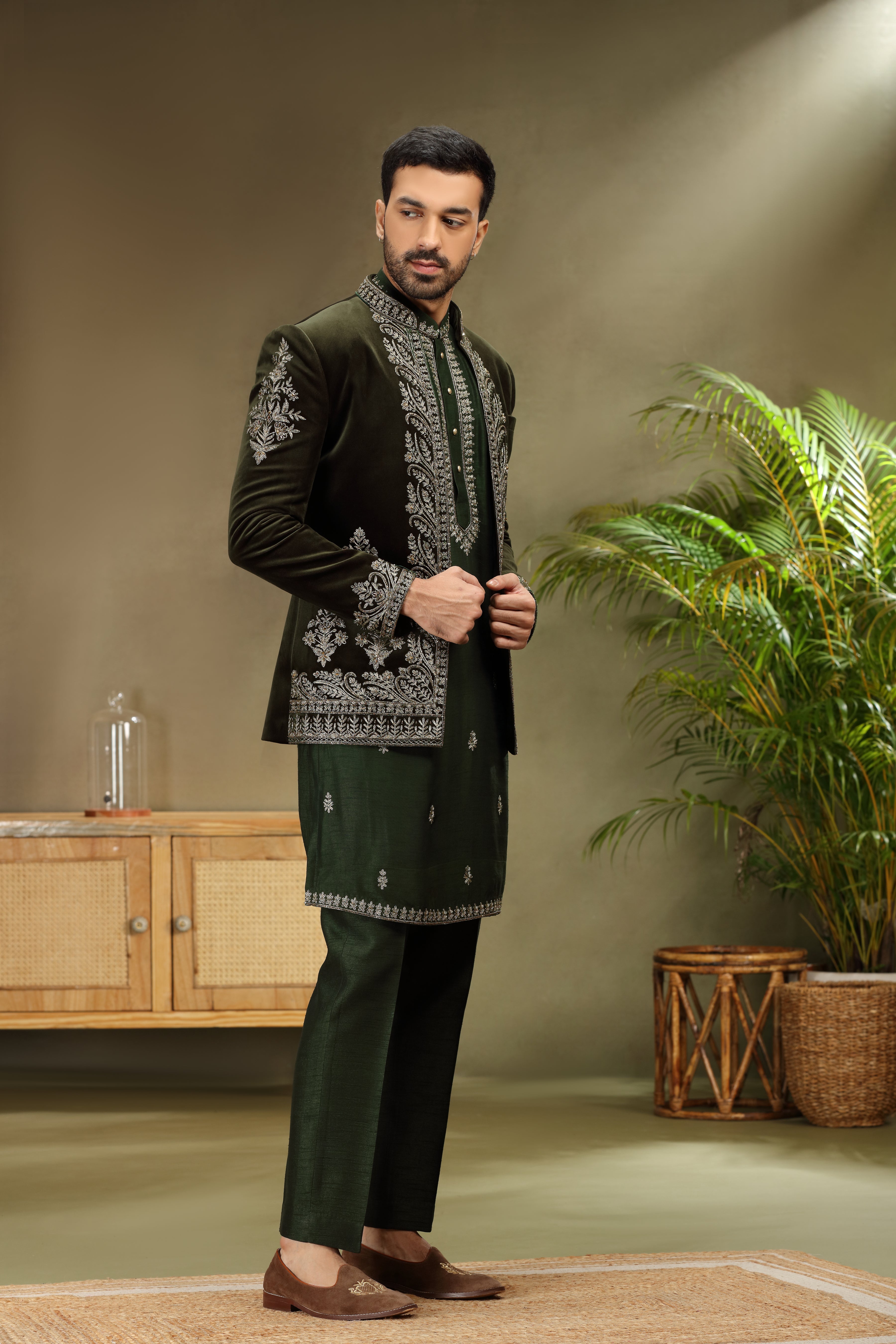 Bottle Green Velvet Jodhpuri Set with Dori Resham Pearl Work