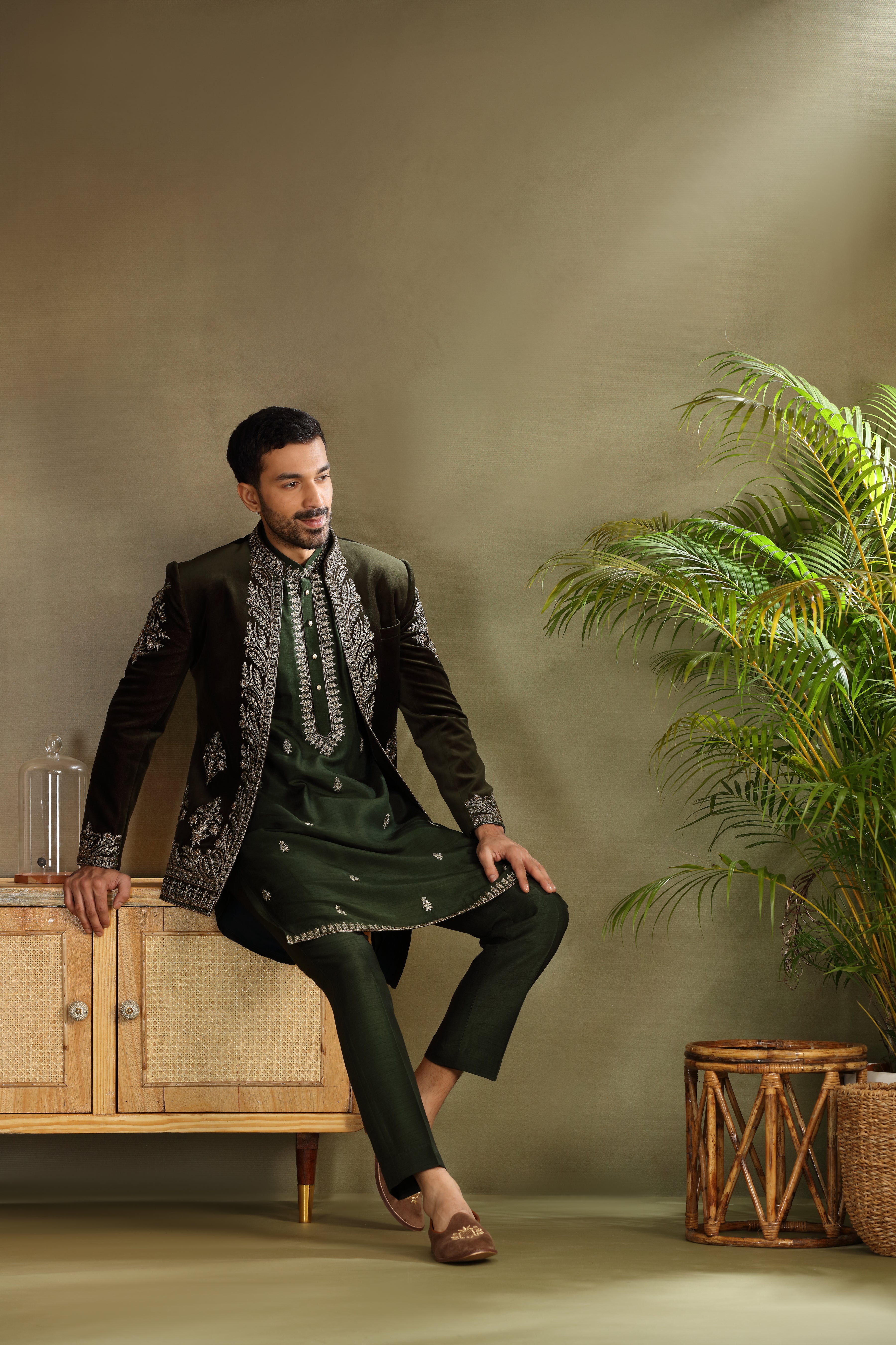Bottle Green Velvet Jodhpuri Set with Dori Resham Pearl Work