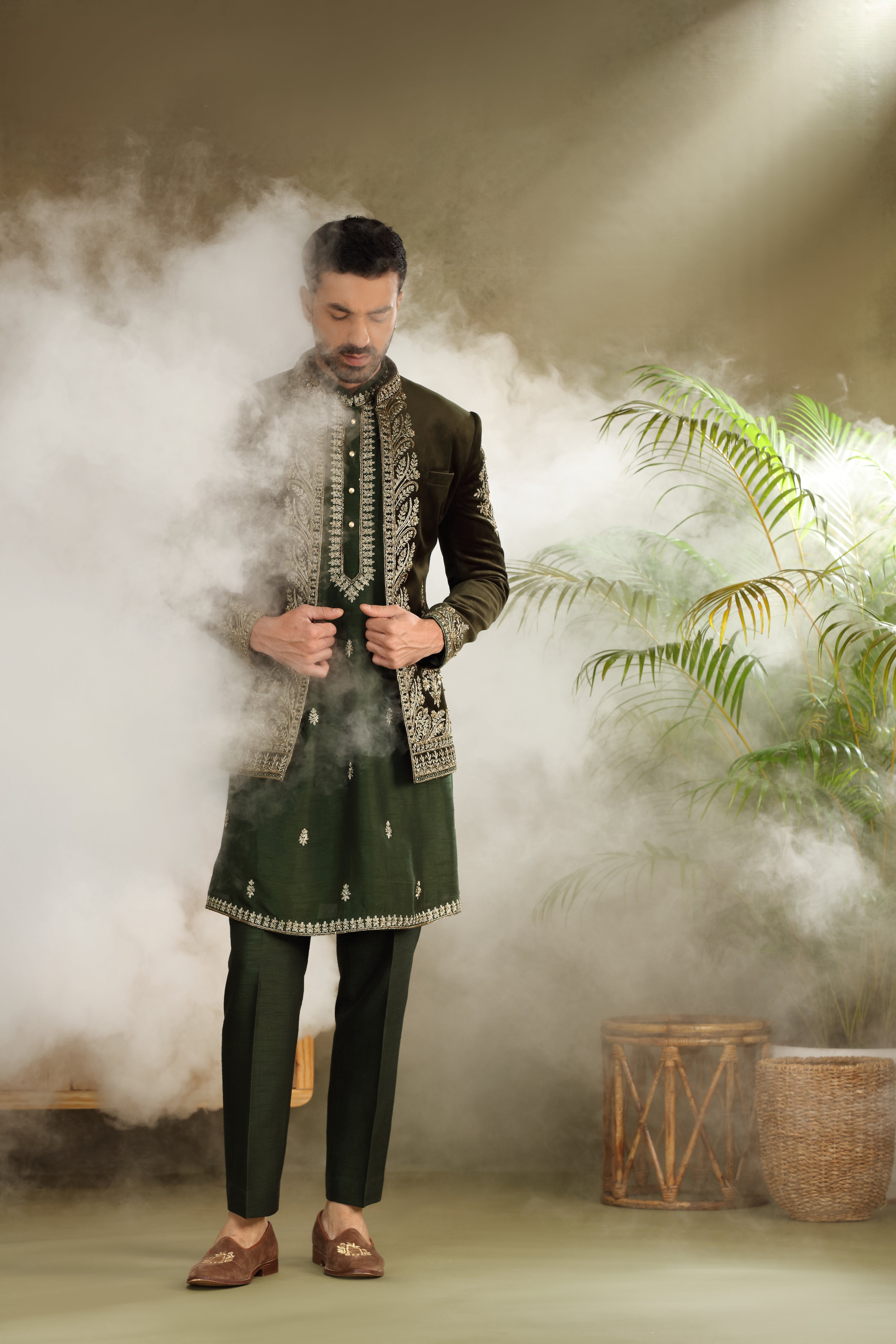 Bottle Green Velvet Jodhpuri Set with Dori Resham Pearl Work