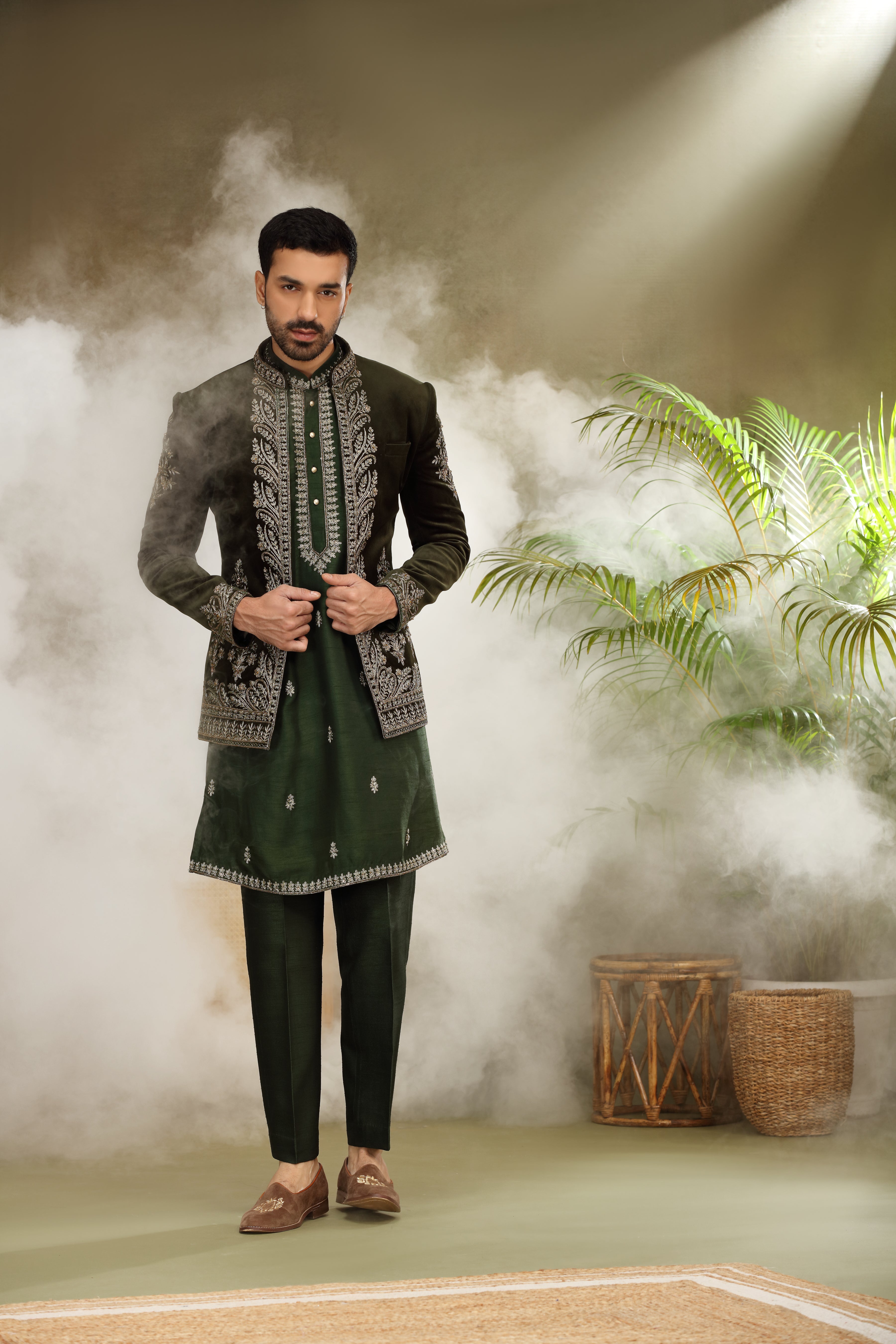 Bottle Green Velvet Jodhpuri Set with Dori Resham Pearl Work