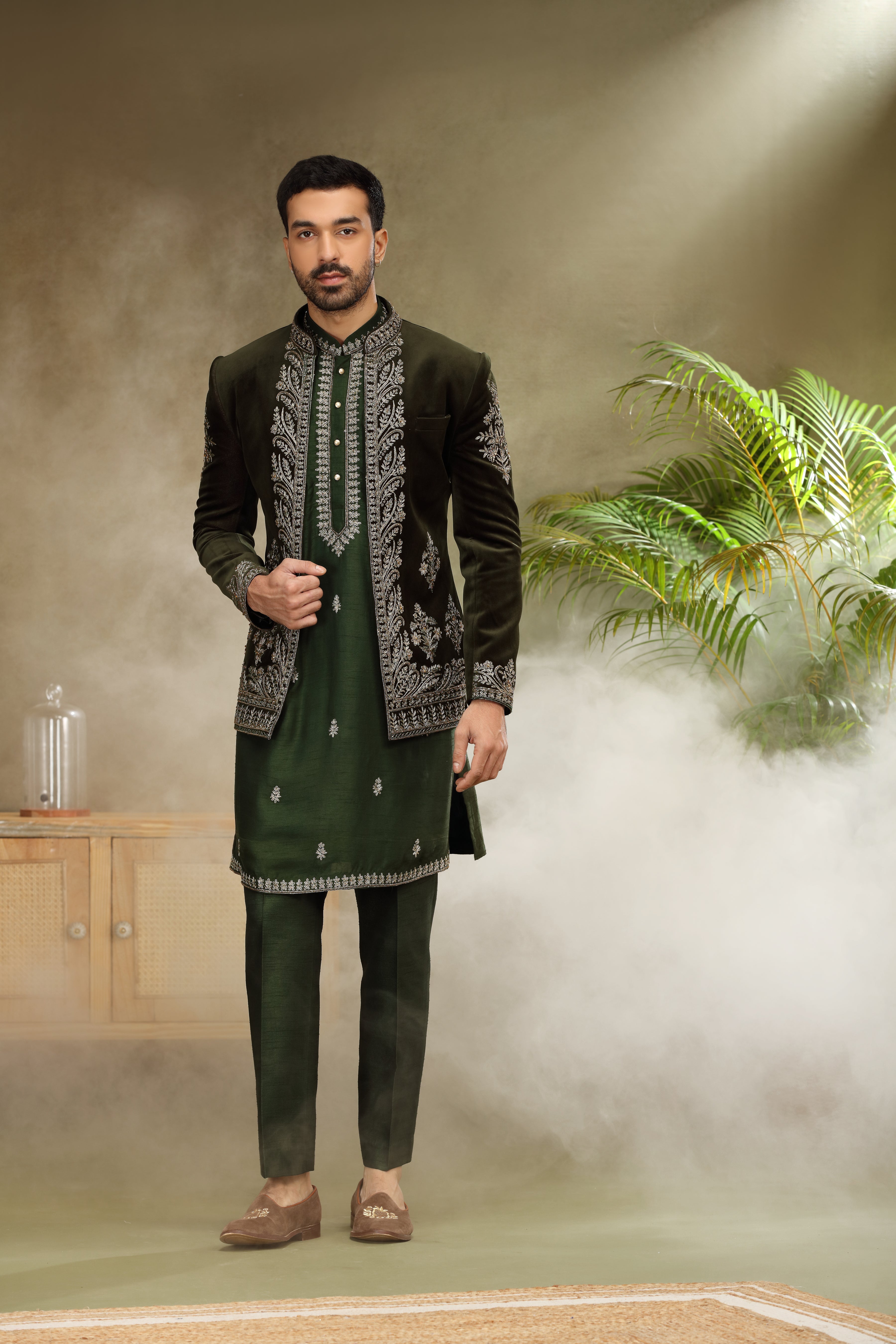 Bottle Green Velvet Jodhpuri Set with Dori Resham Pearl Work