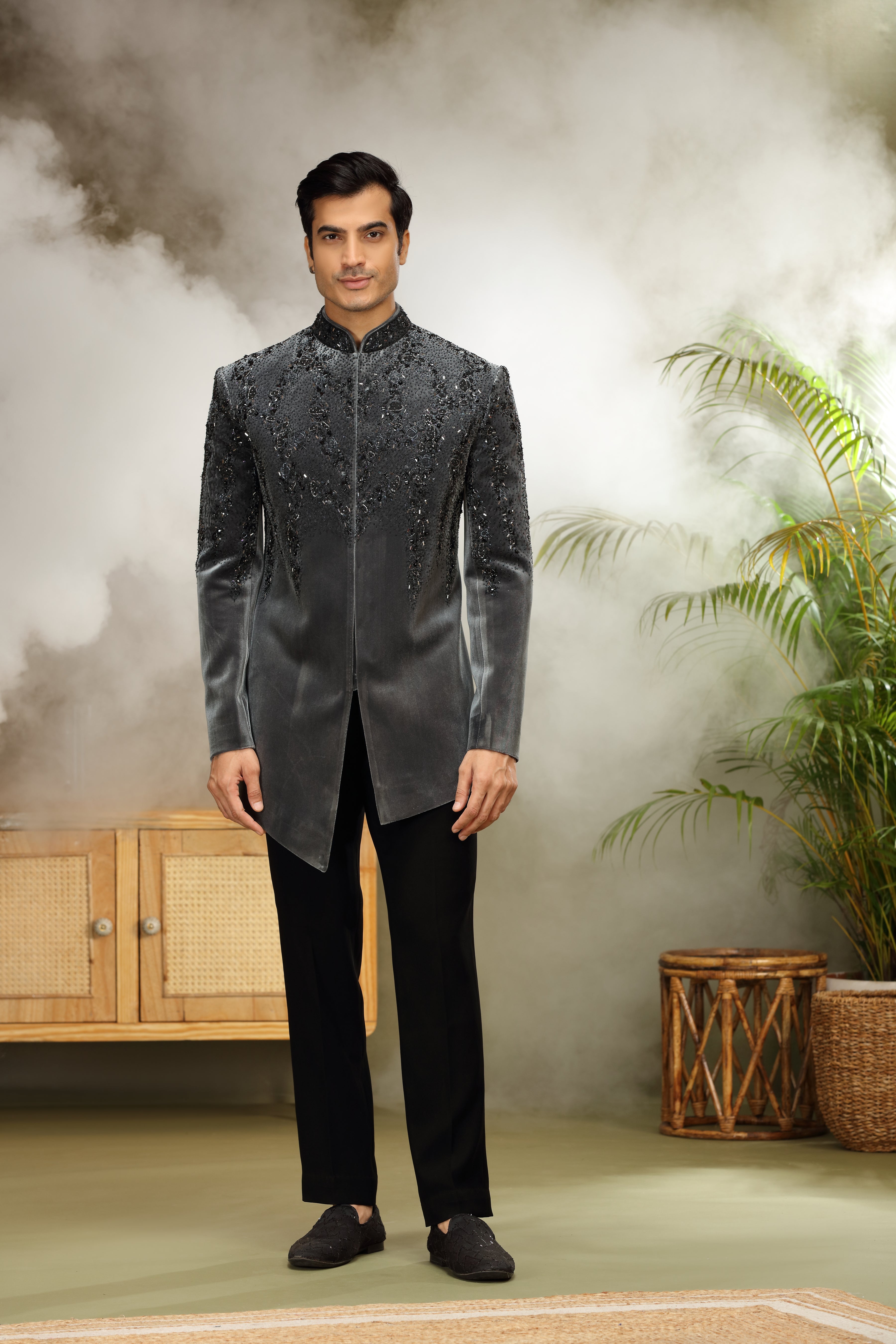 Grey Velvet Indo Western Set with Glass Bead Work