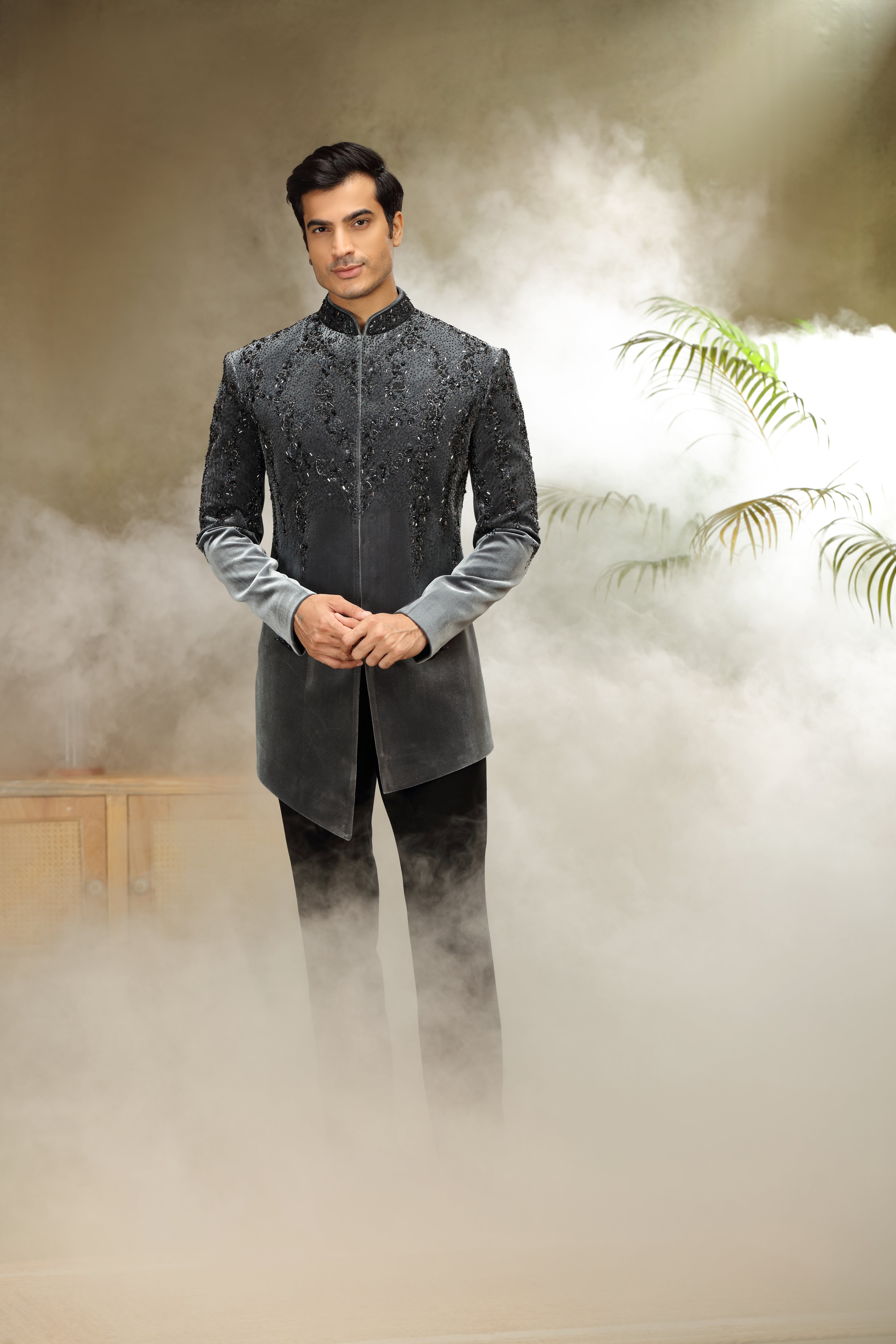 Grey Velvet Indo Western Set with Glass Bead Work