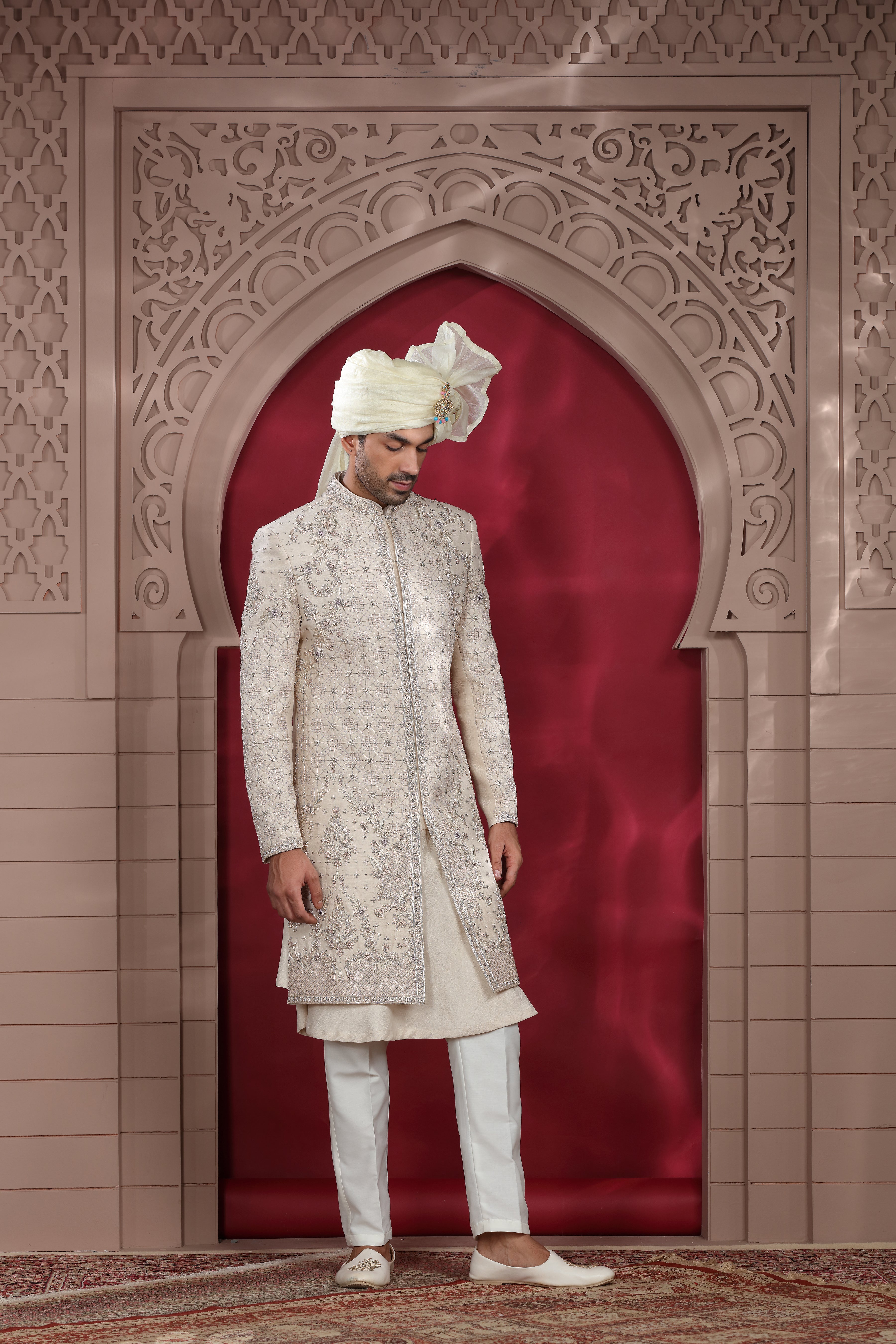 Ivory Raw Silk Sherwani with Hand Embroidery