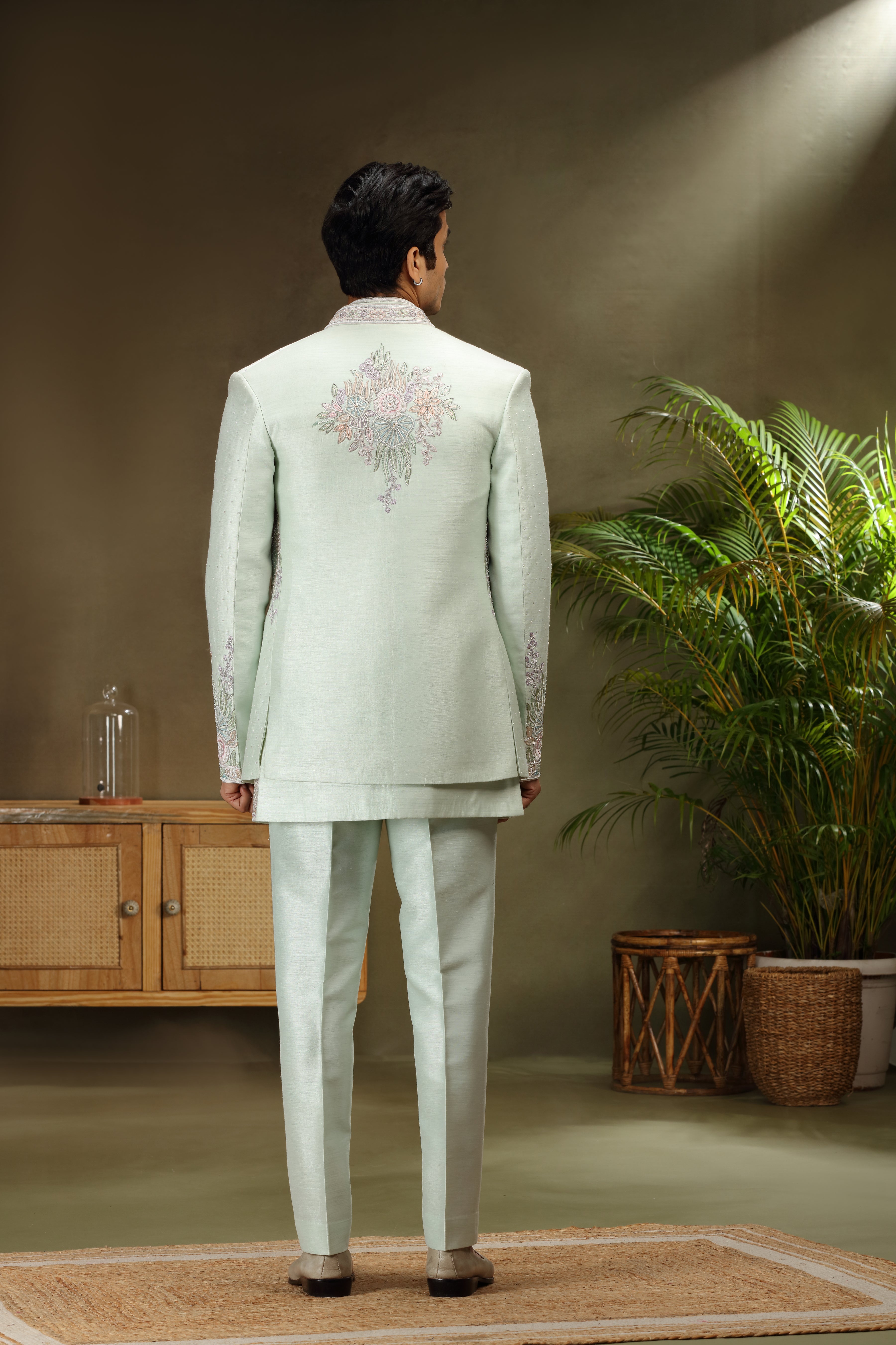 Ice Blue Raw Silk Jodhpuri Set with Multicolour Pearlwork