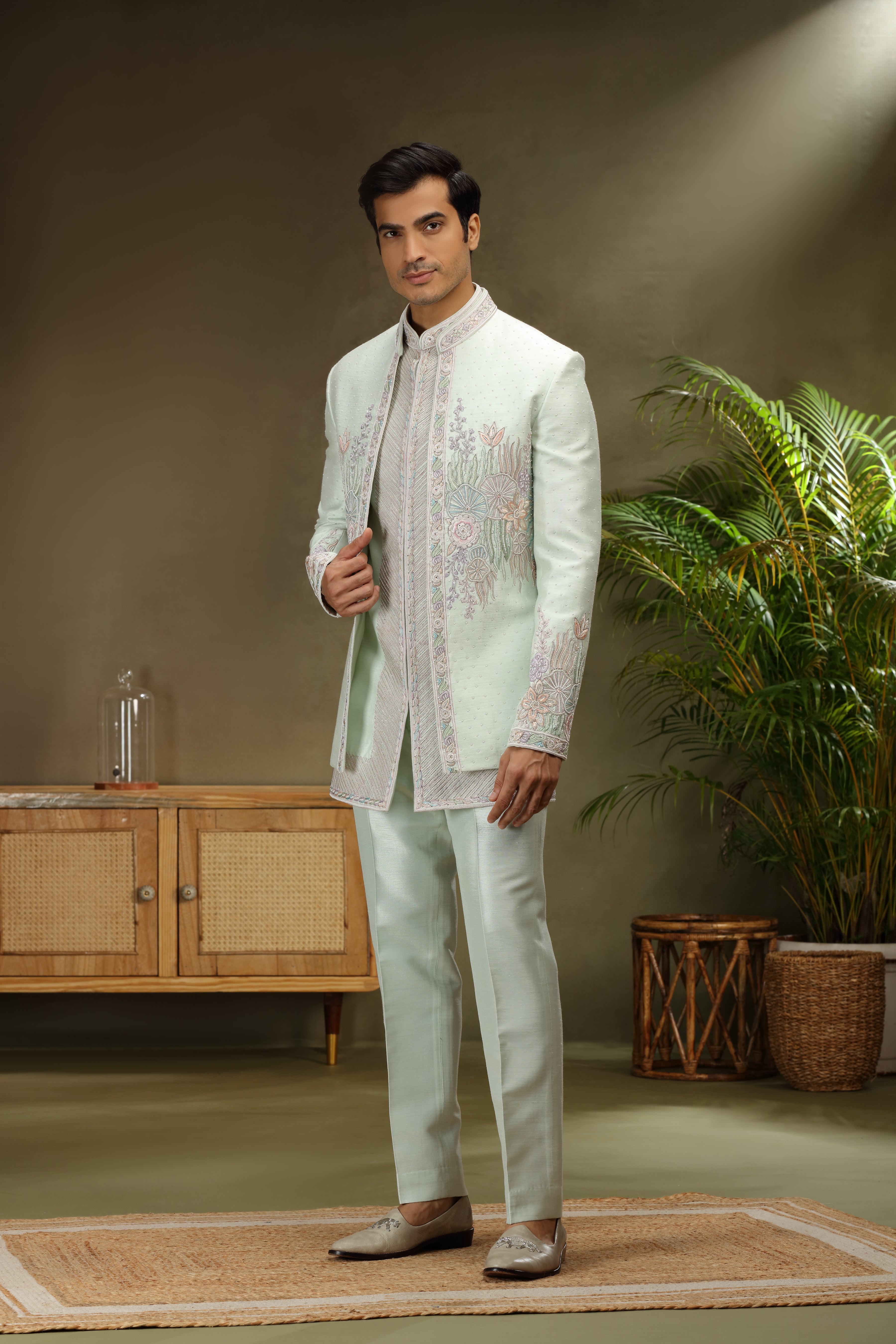 Ice Blue Raw Silk Jodhpuri Set with Multicolour Pearlwork