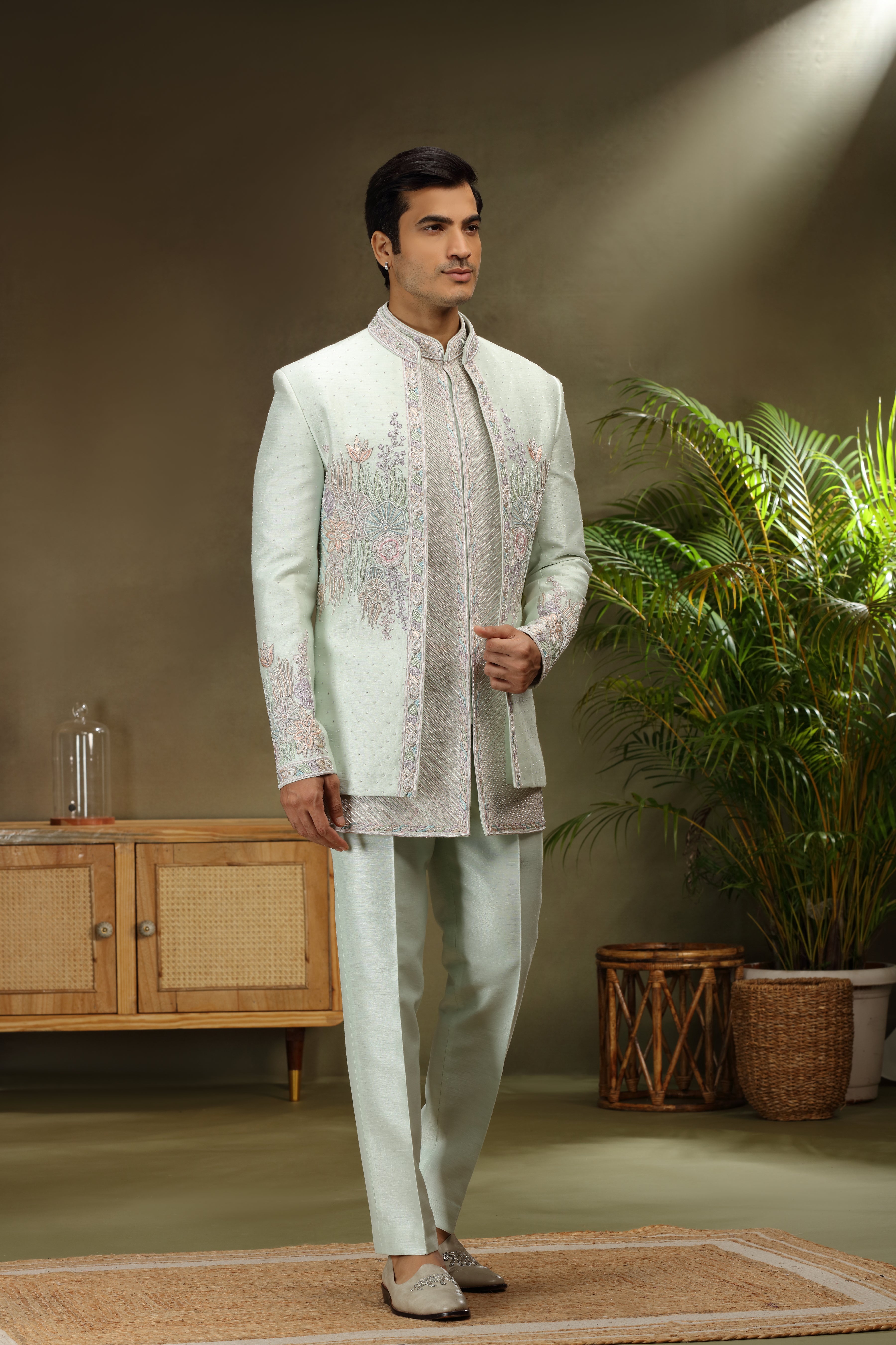 Ice Blue Raw Silk Jodhpuri Set with Multicolour Pearlwork