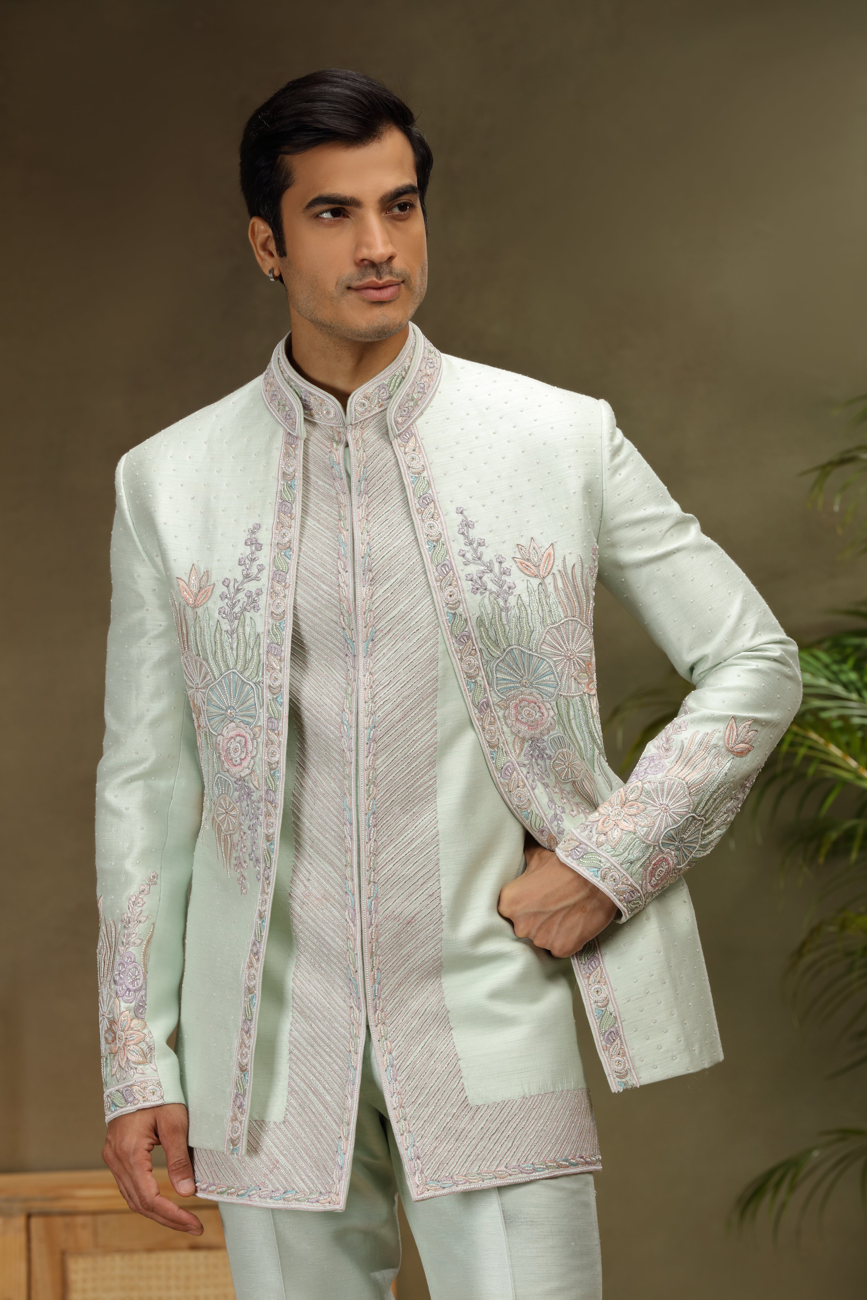 Ice Blue Raw Silk Jodhpuri Set with Multicolour Pearlwork