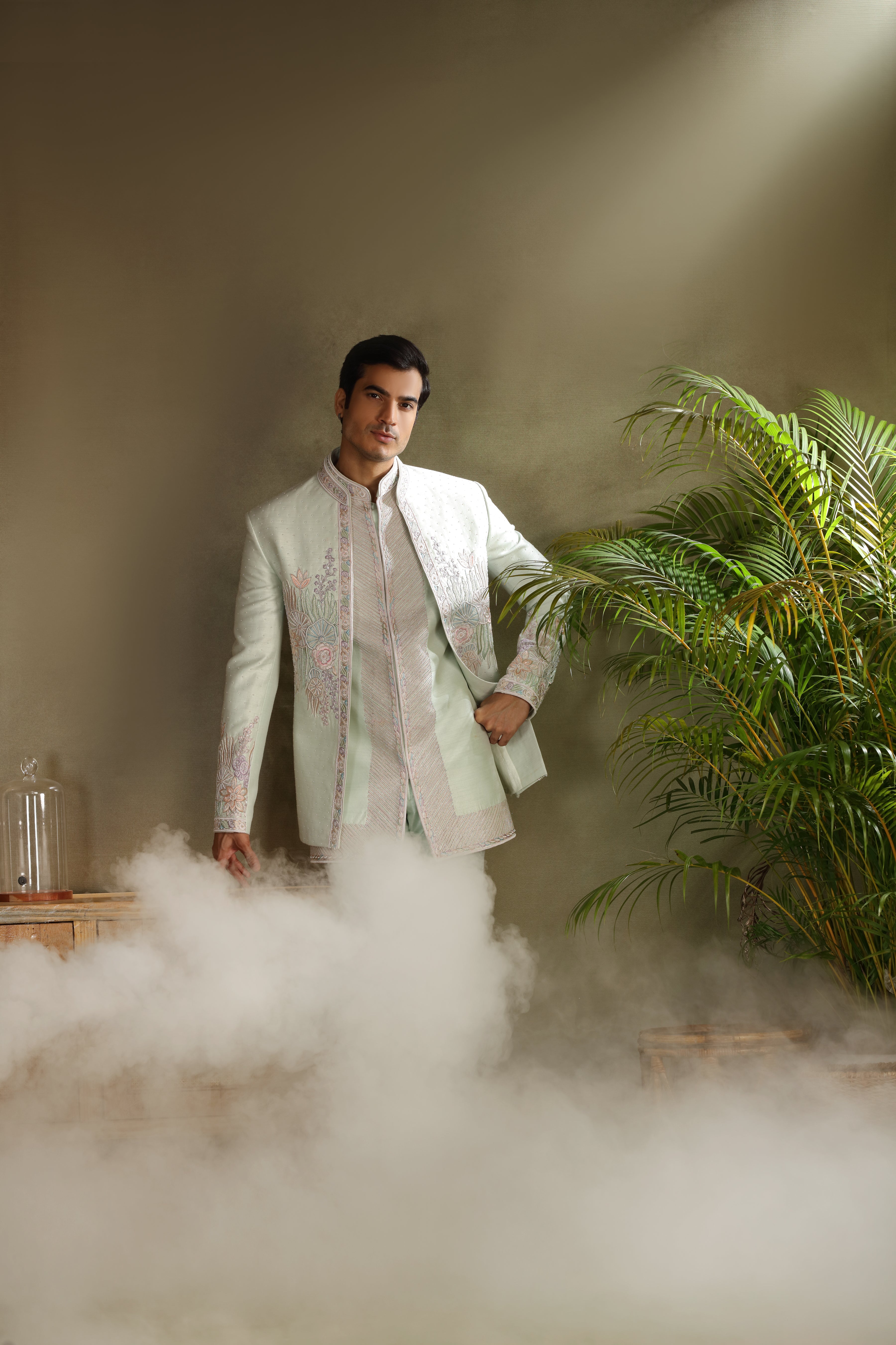 Ice Blue Raw Silk Jodhpuri Set with Multicolour Pearlwork