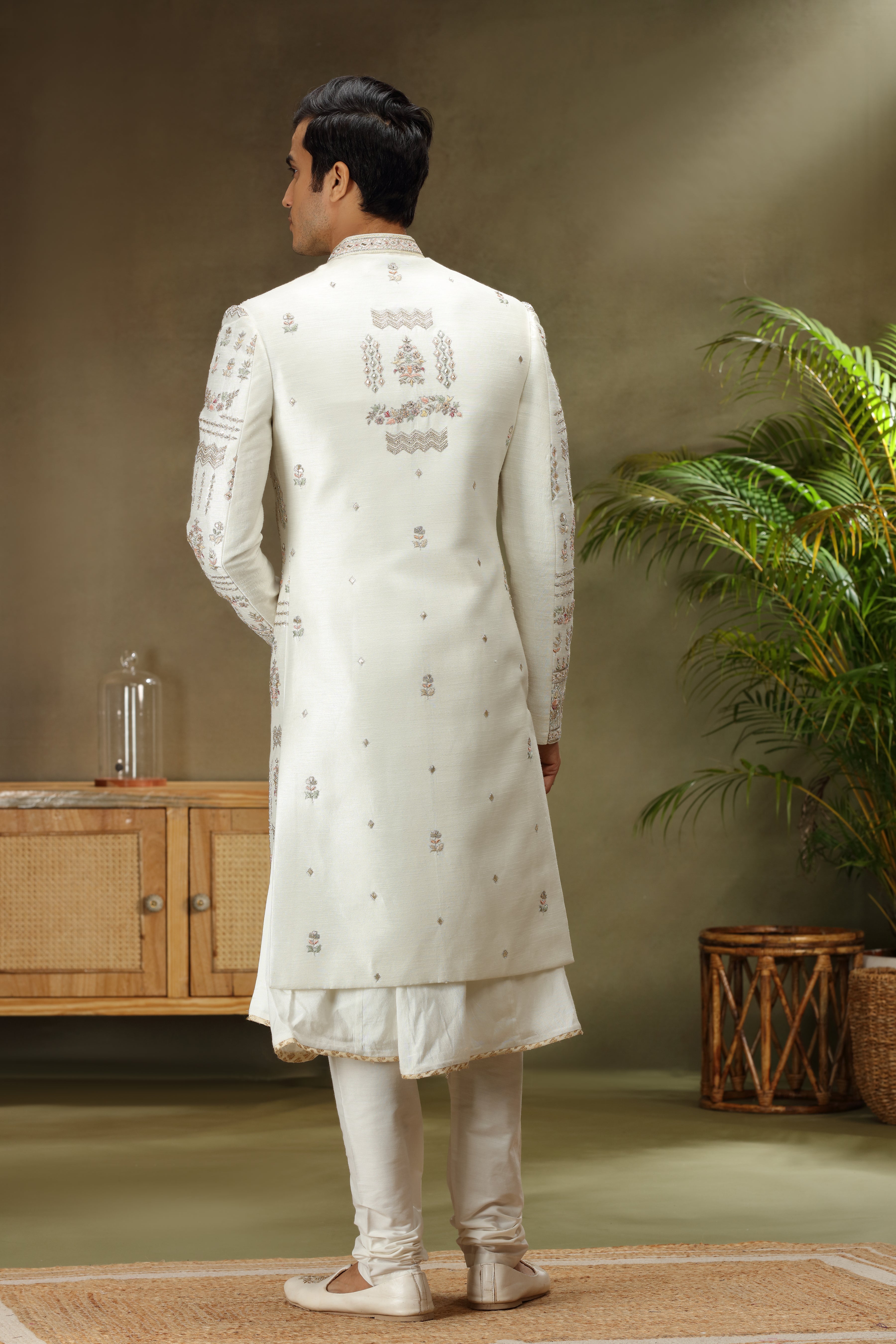 Ivory Art Silk Sherwani with Zardoshi Resham Kasab Work