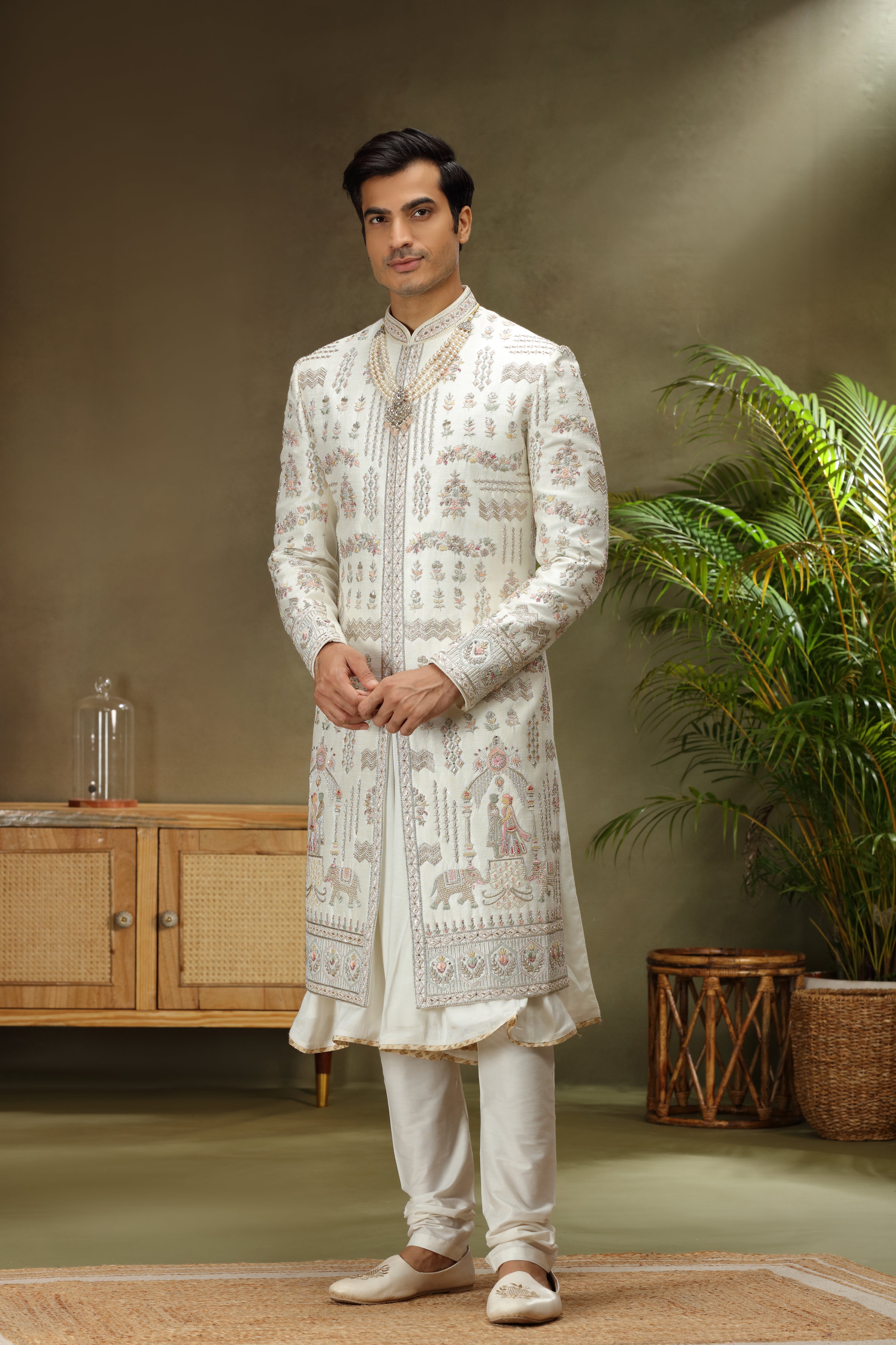 Ivory Art Silk Sherwani with Zardoshi Resham Kasab Work