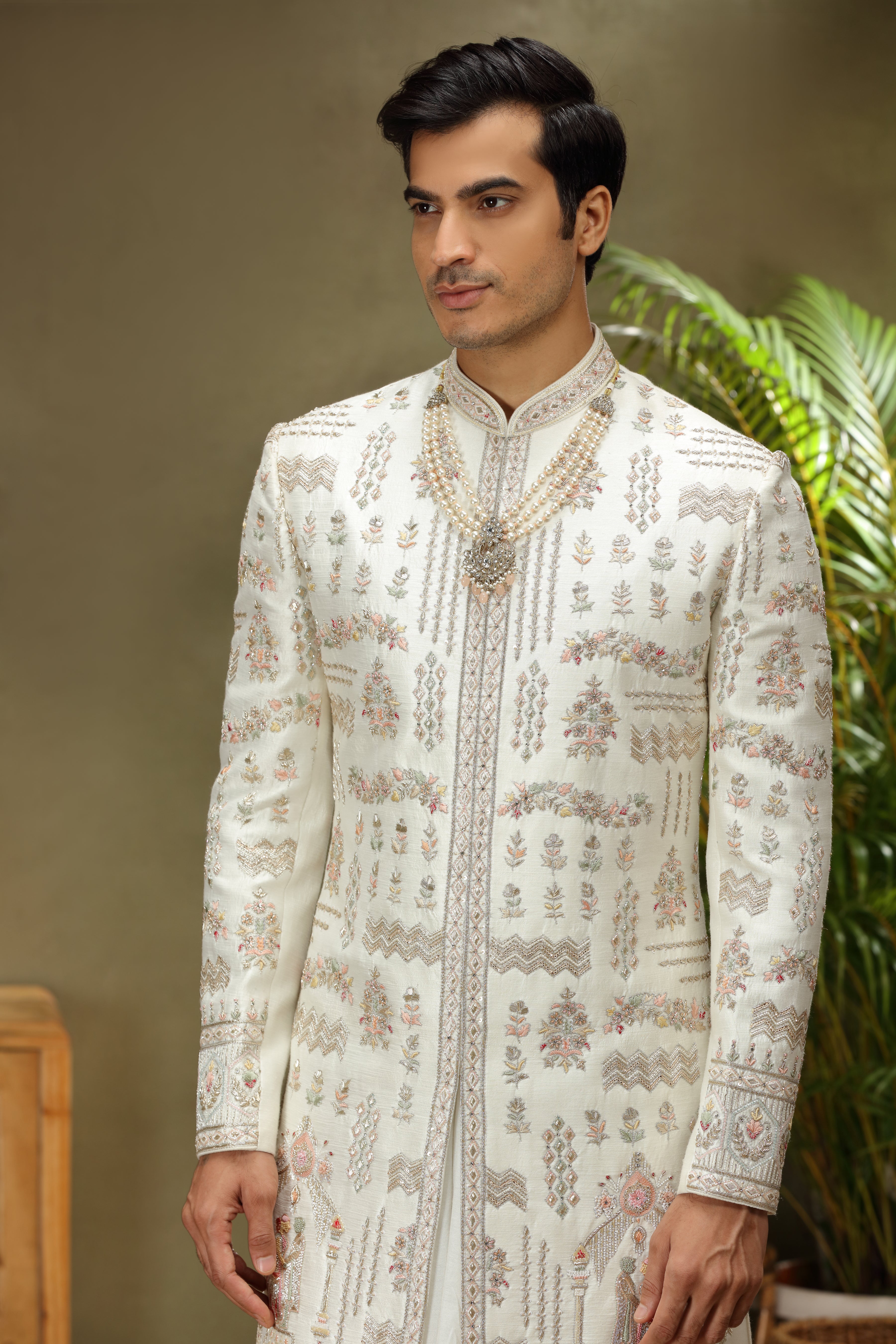 Ivory Art Silk Sherwani with Zardoshi Resham Kasab Work