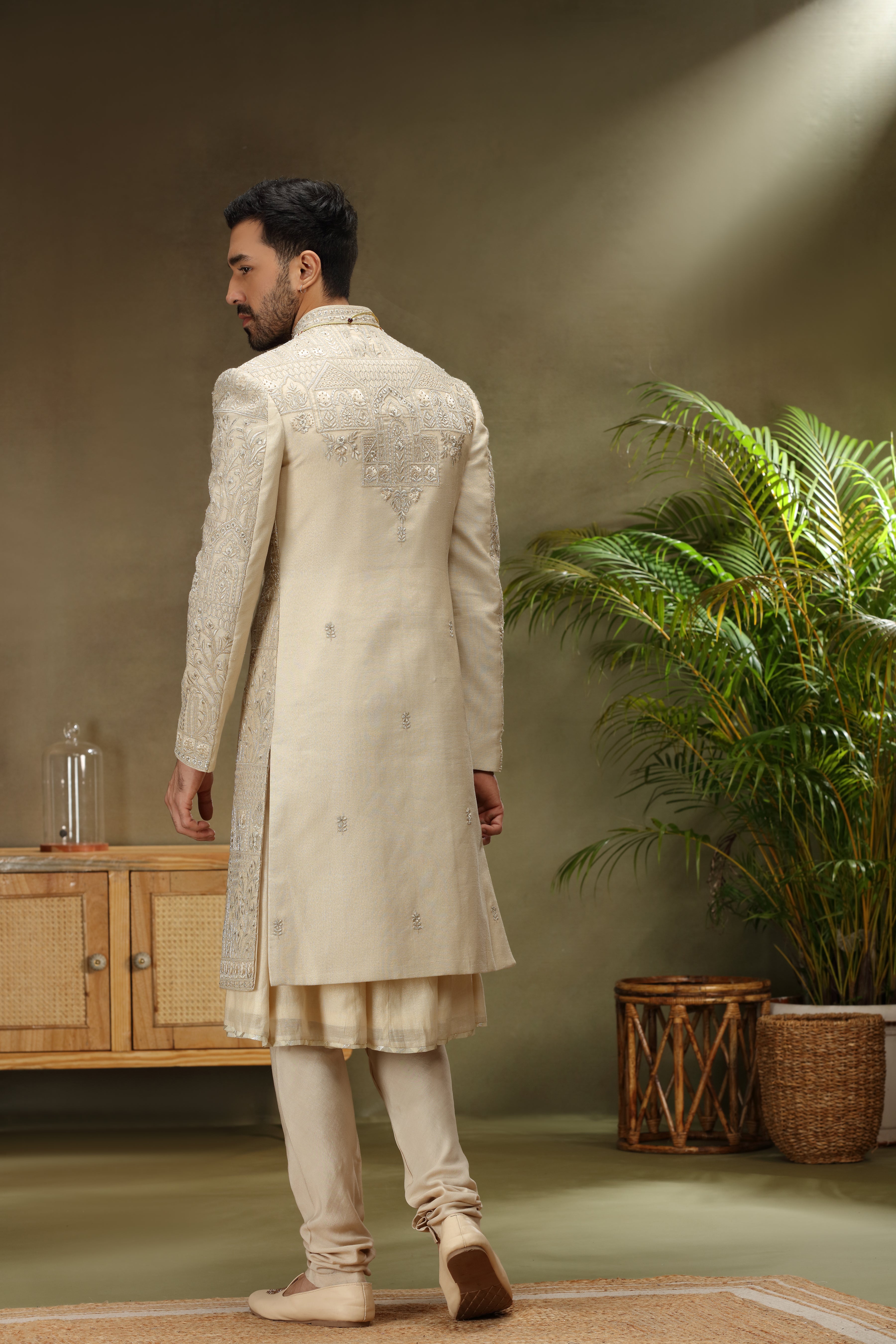 Cream Silk Sherwani with Zardoshi, Resham & Kasab Work