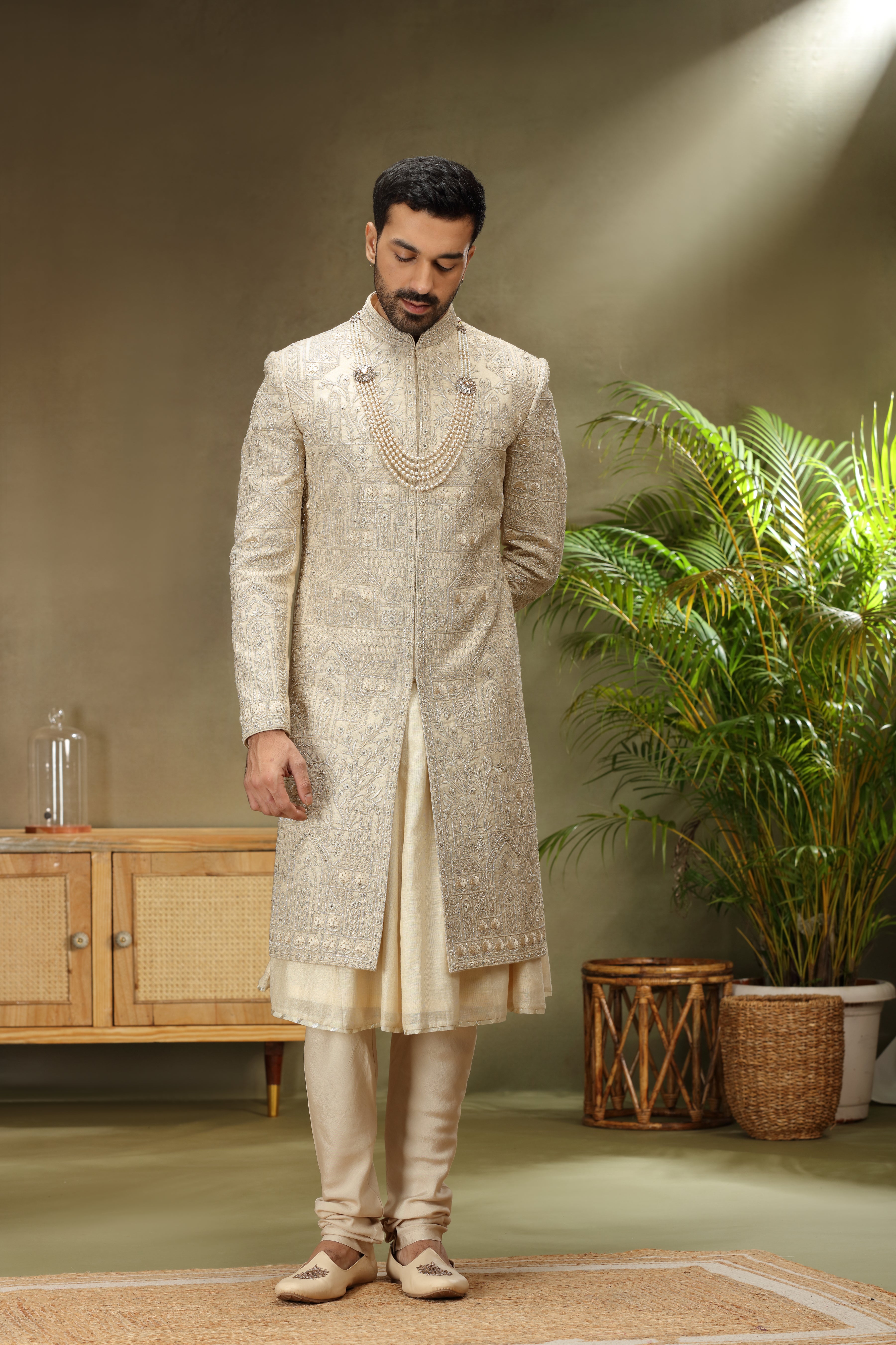Cream Silk Sherwani with Zardoshi, Resham & Kasab Work