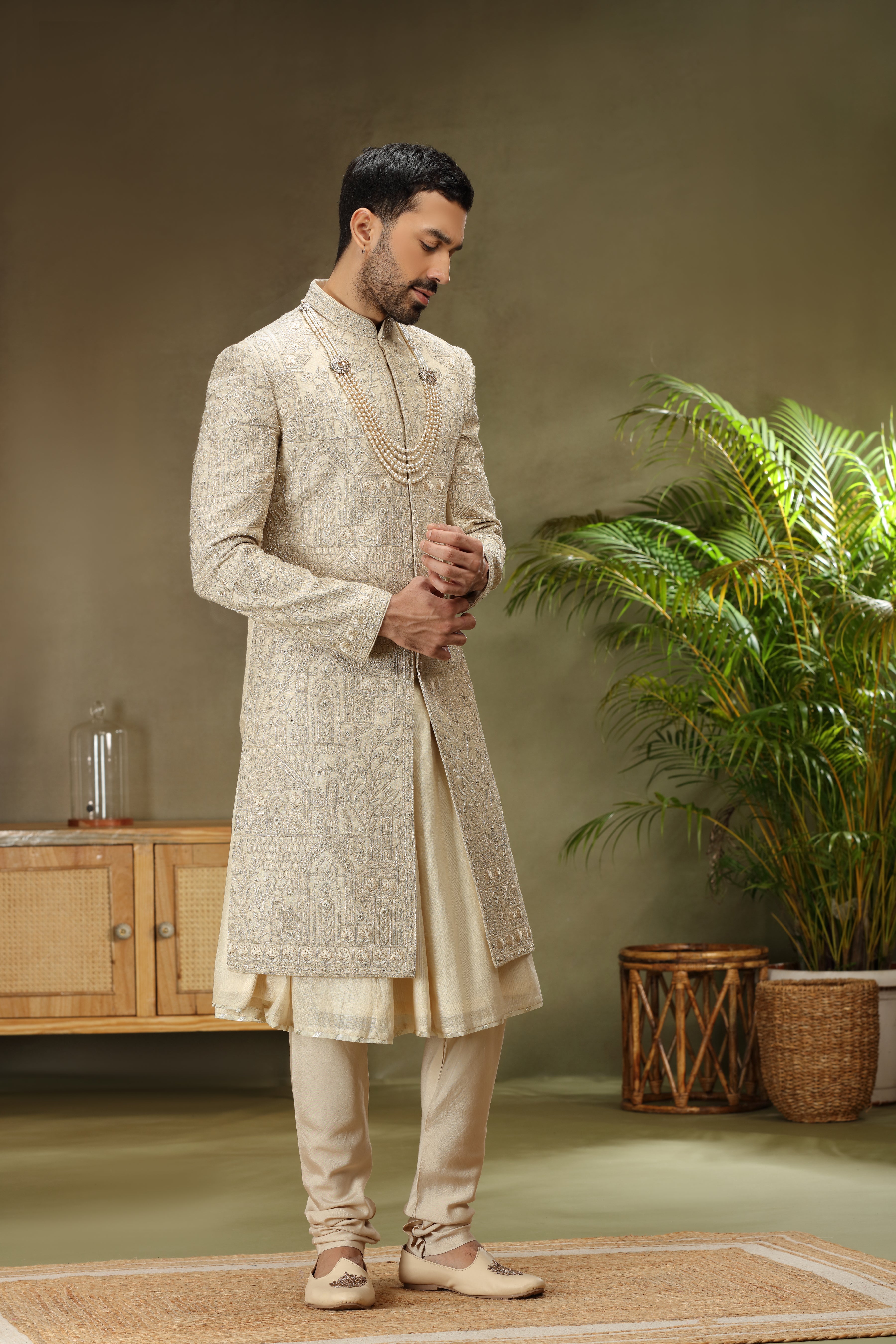 Cream Silk Sherwani with Zardoshi, Resham & Kasab Work