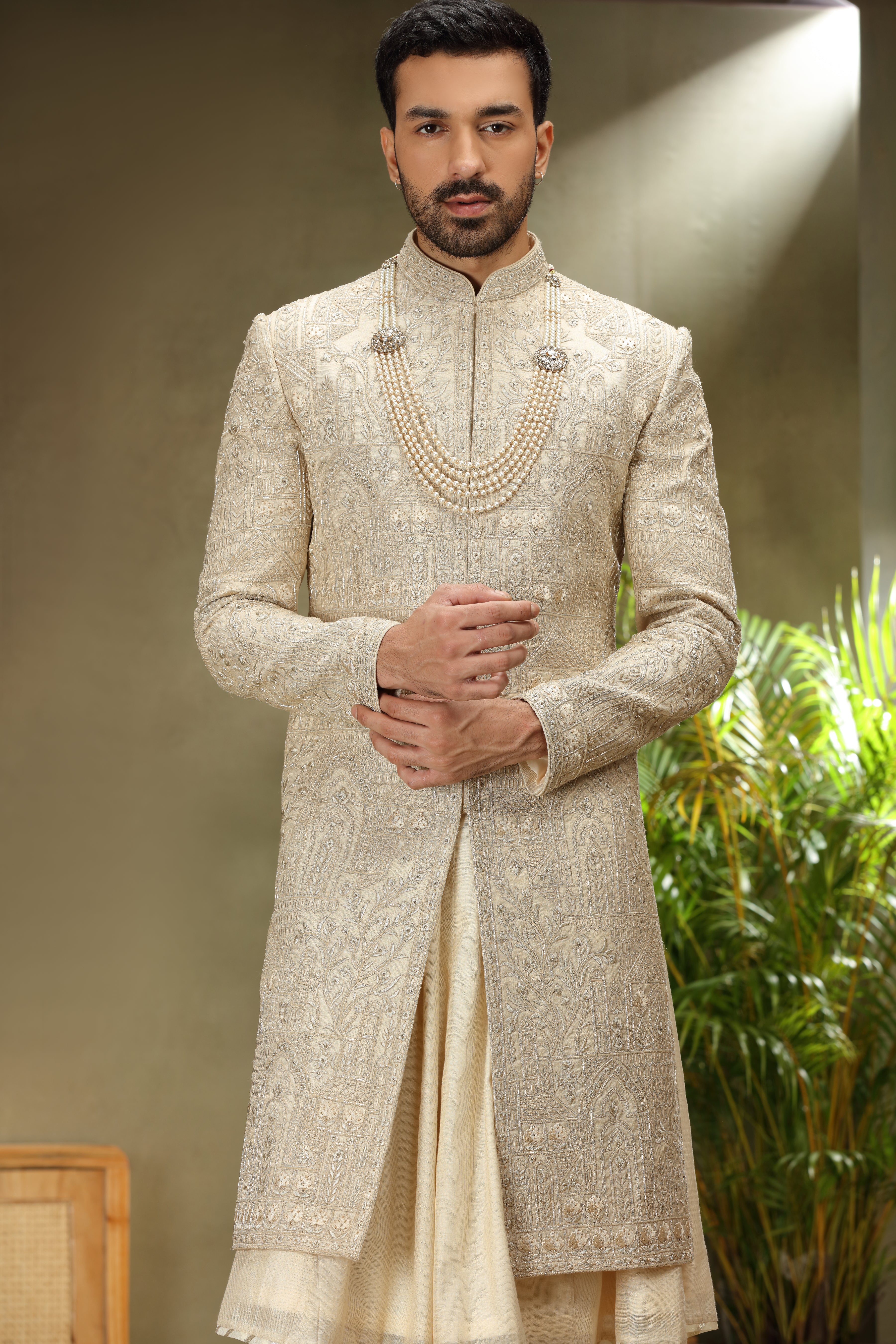 Cream Silk Sherwani with Zardoshi, Resham & Kasab Work