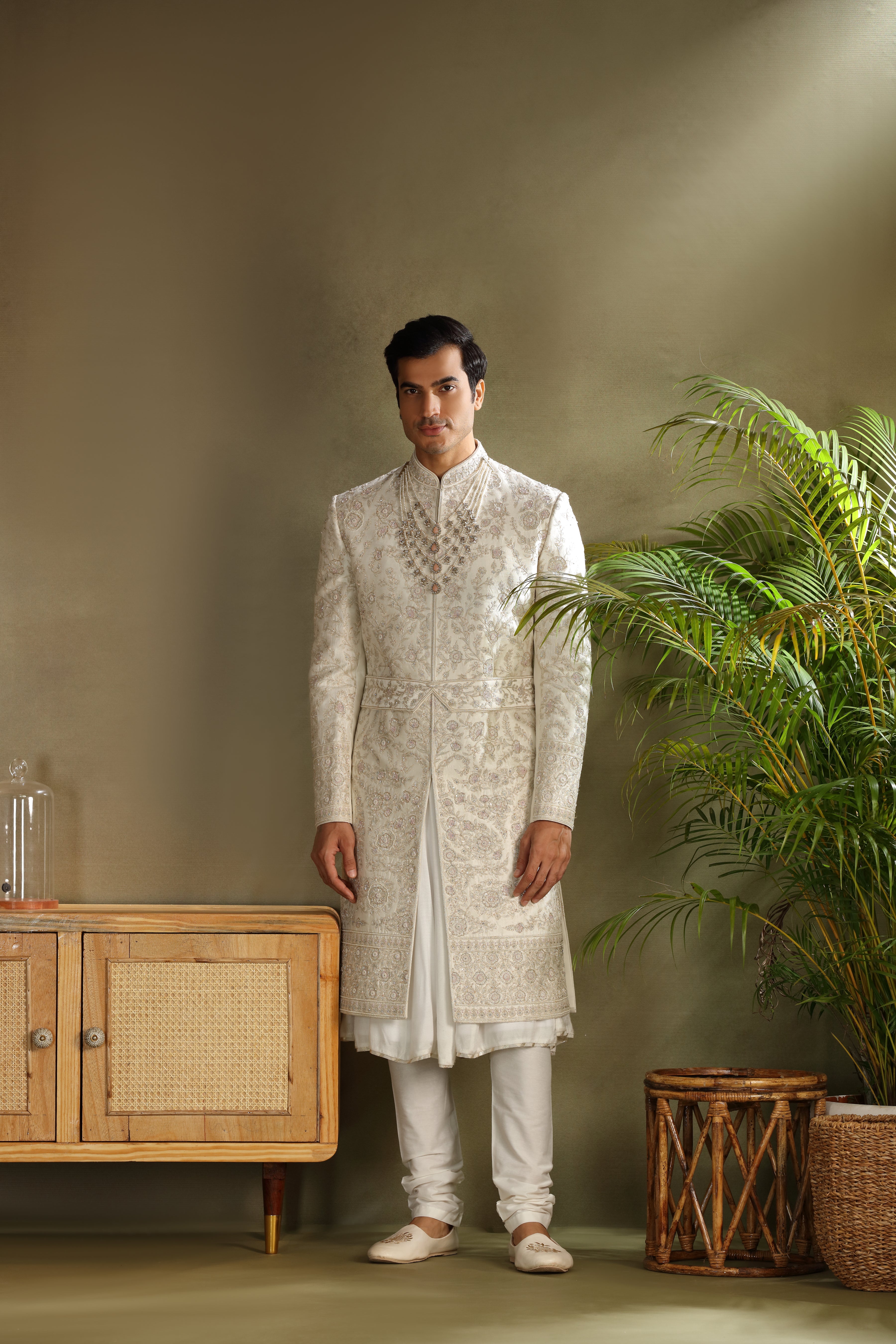 Ivory Silk Sherwani with Zardoshi Resham Kasab Work