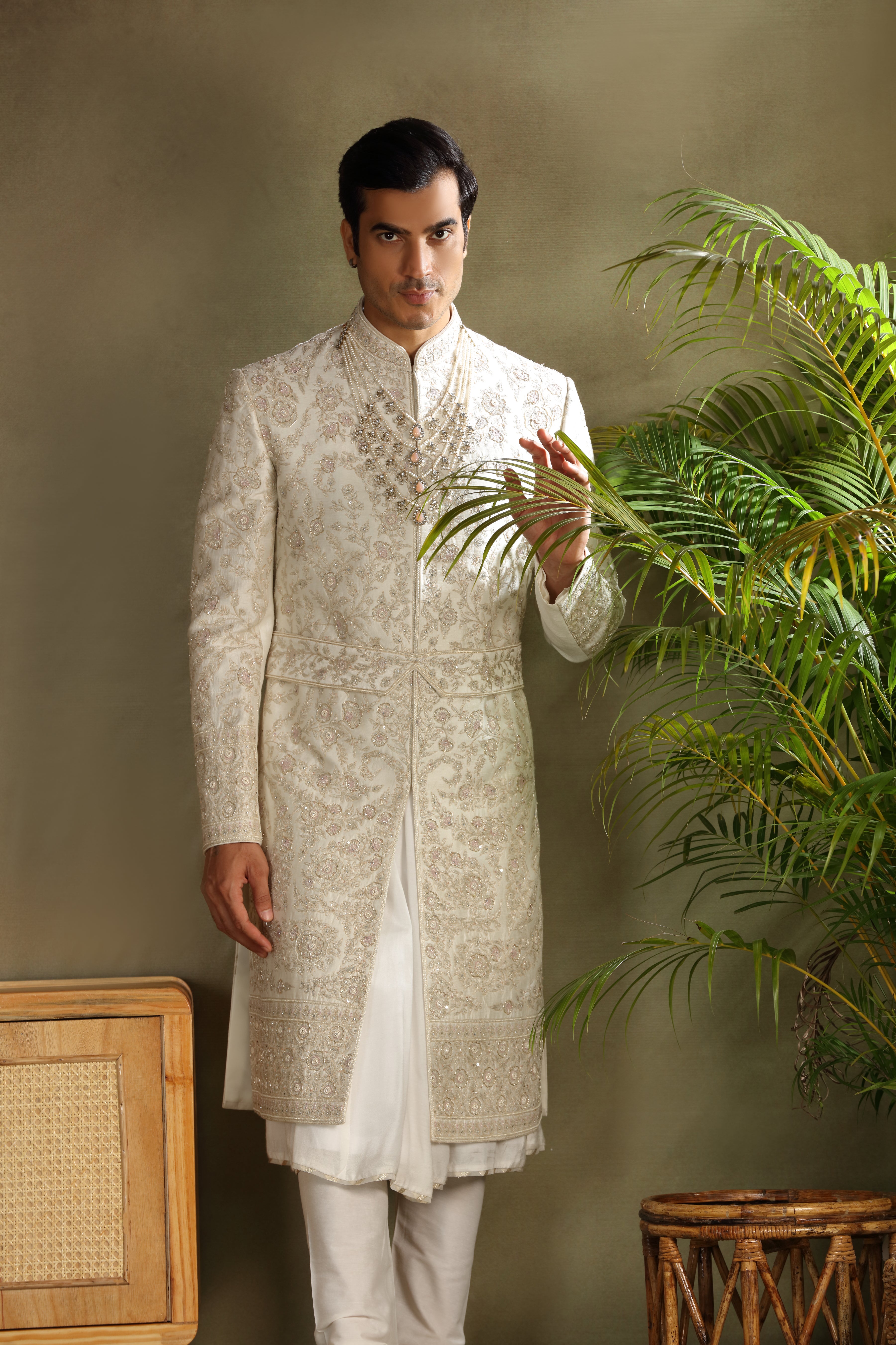 Ivory Silk Sherwani with Zardoshi Resham Kasab Work