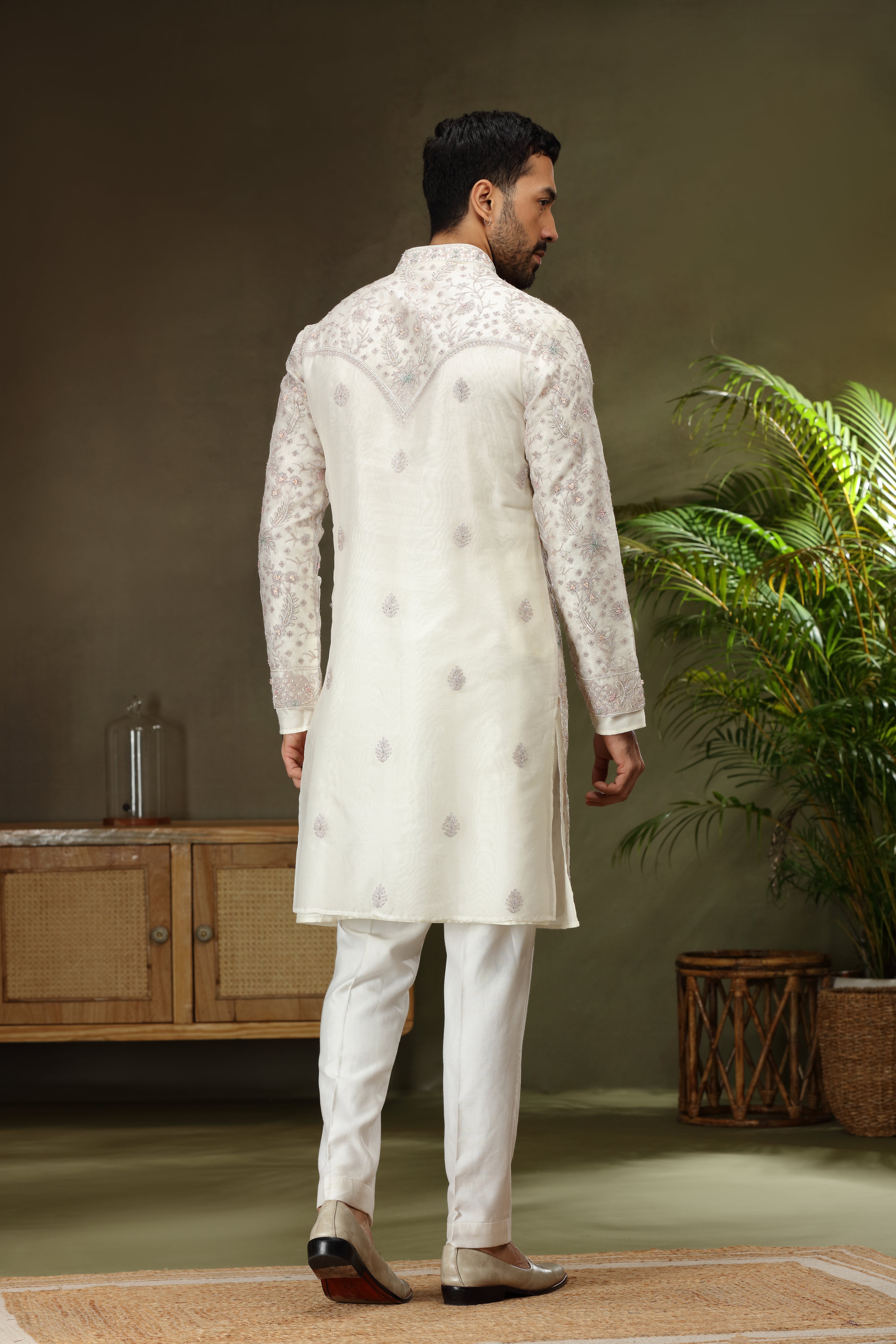 Off White Silk Kurta with Beads - Dori Work