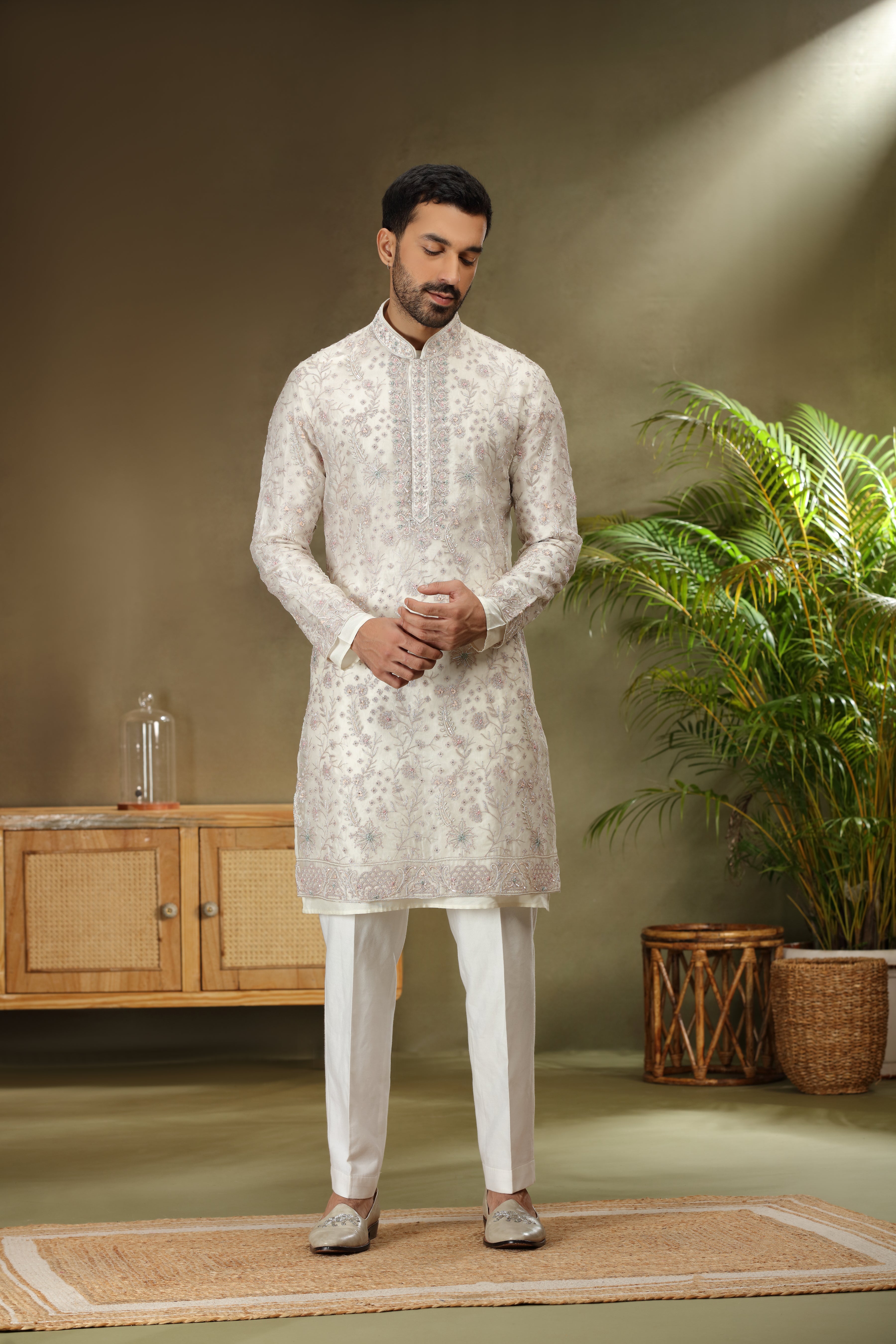 Off White Silk Kurta with Beads - Dori Work