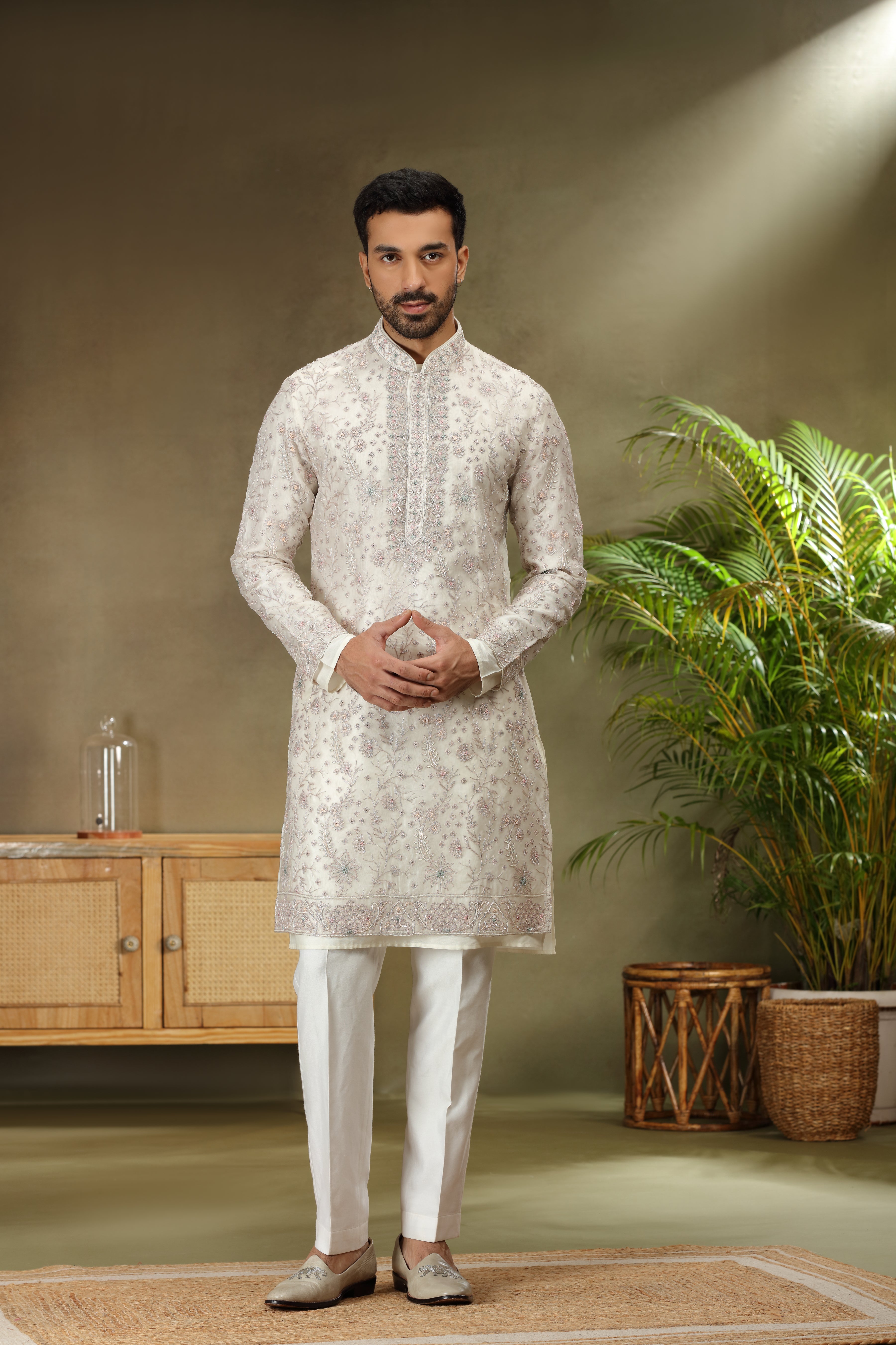 Off White Silk Kurta with Beads - Dori Work