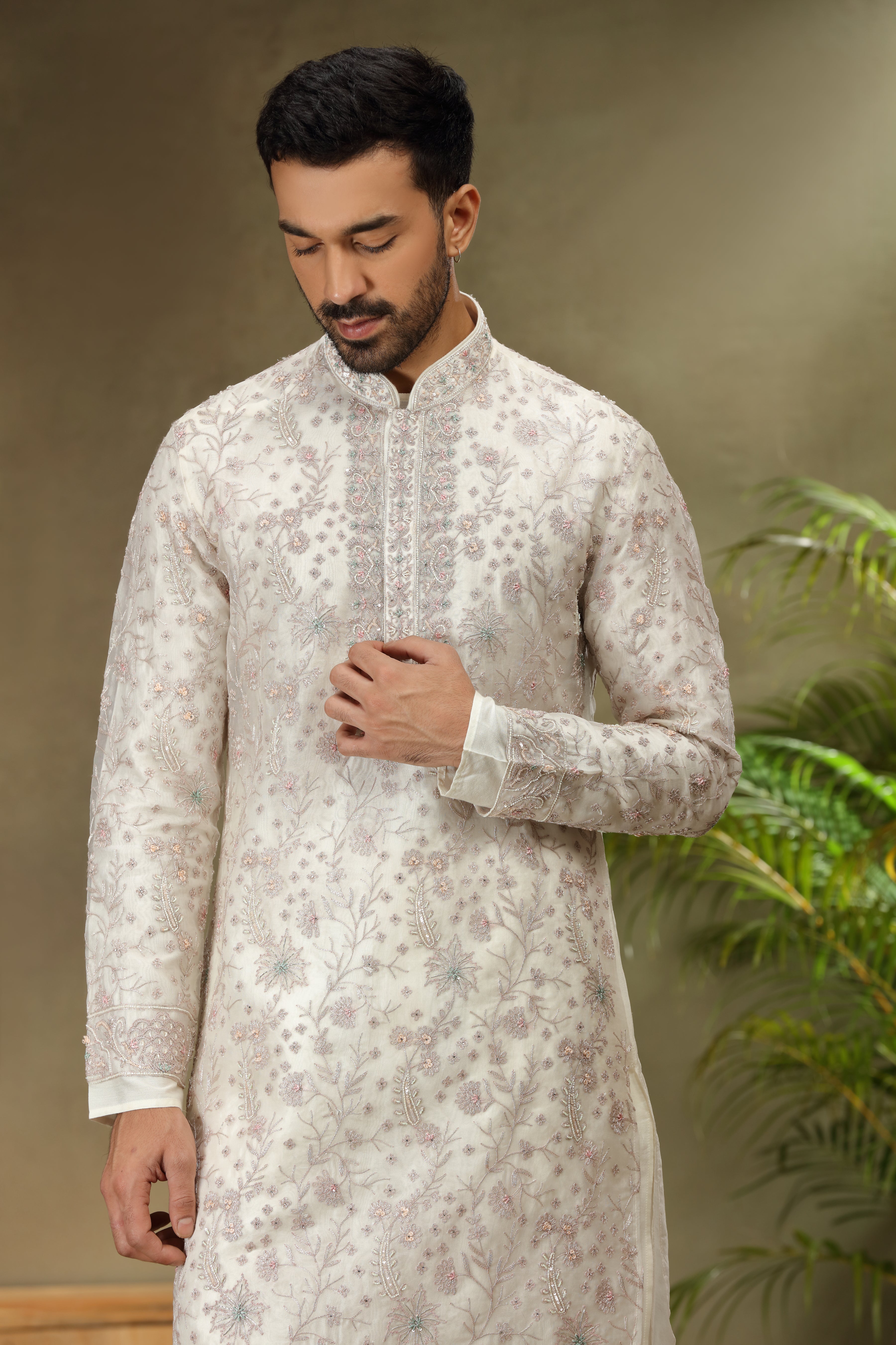Off White Silk Kurta with Beads - Dori Work