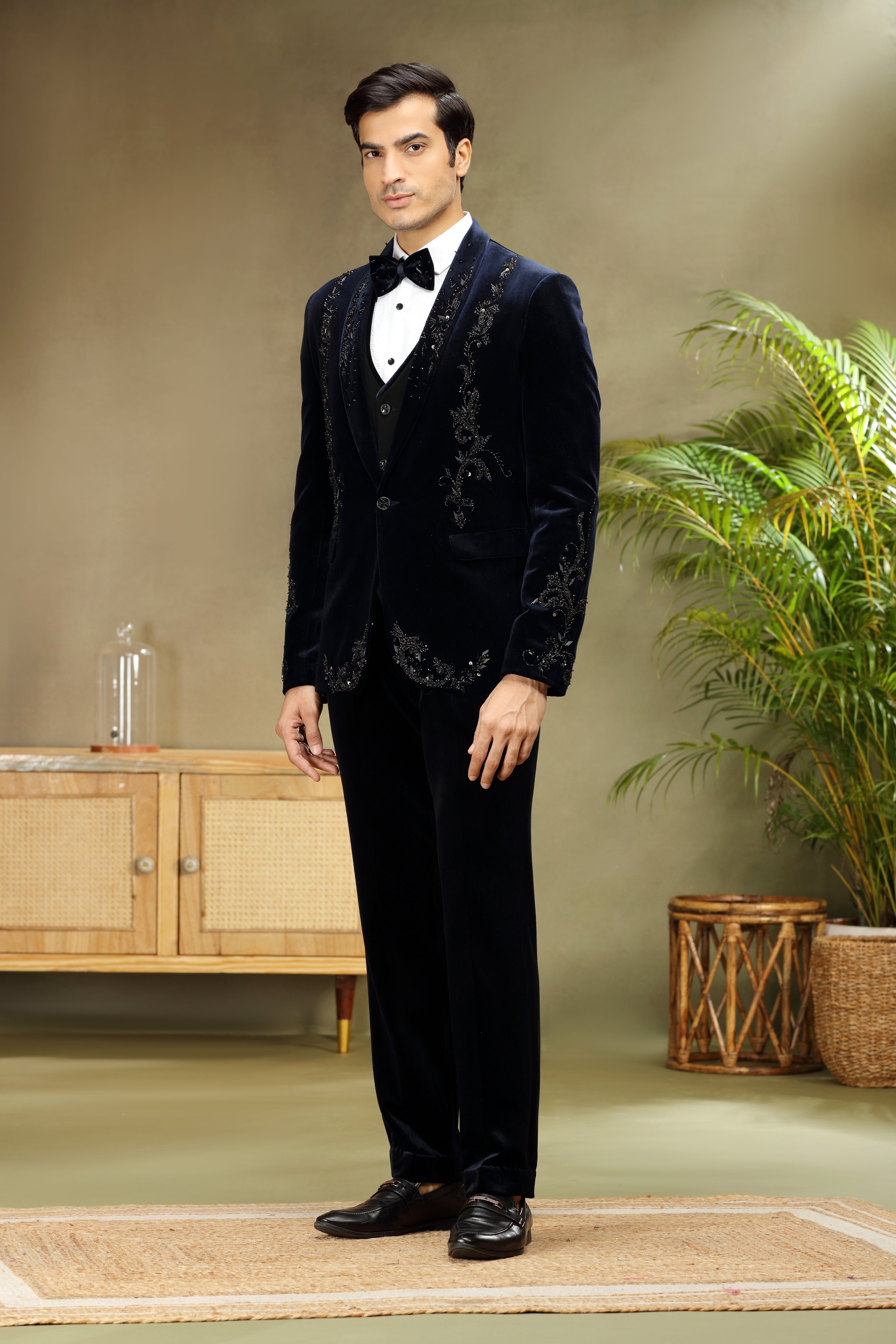 Navy Blue Velvet Tuxedo with Cutdana Work