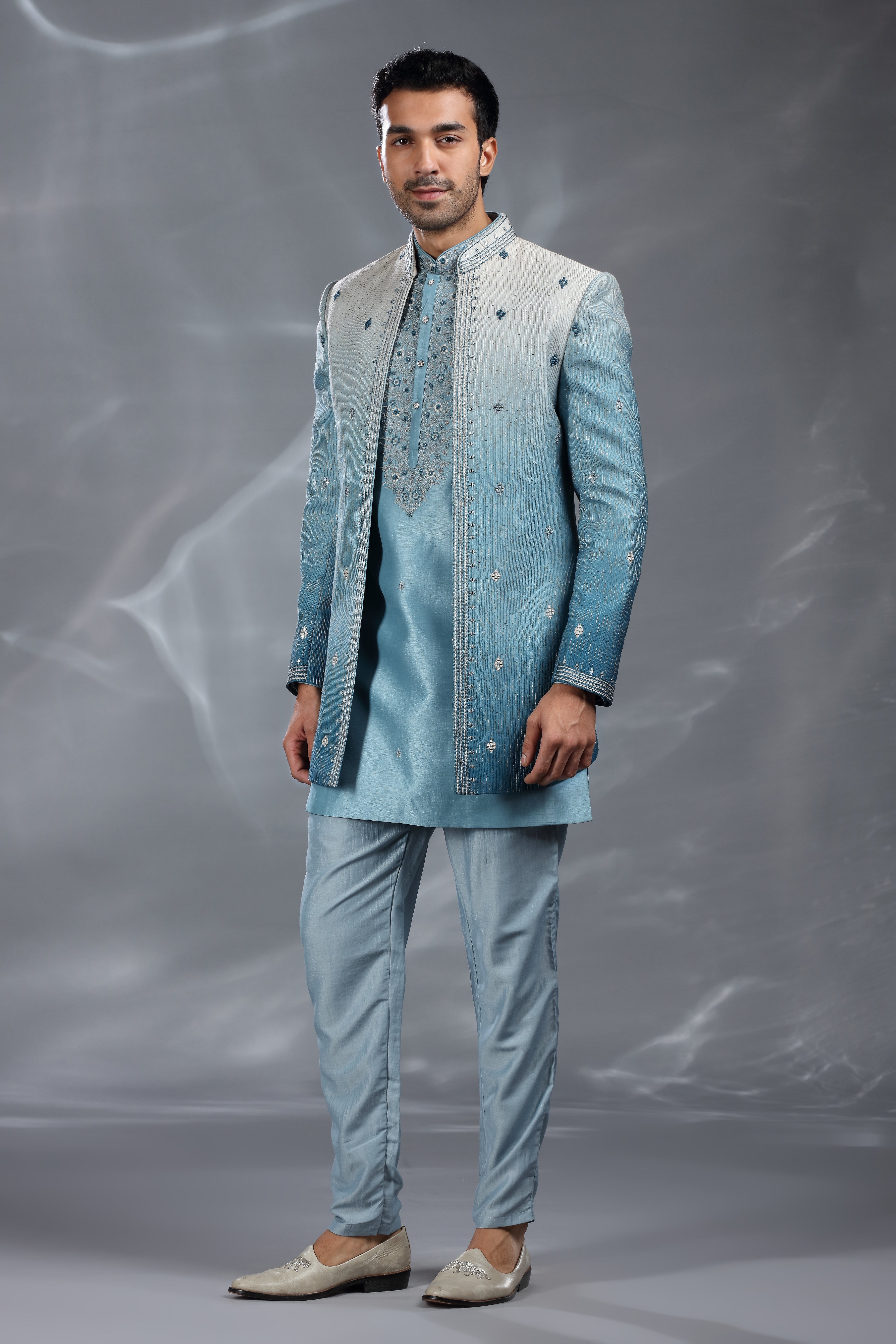 Blue Ombre Silk Indo Western, Mirror & Sequence