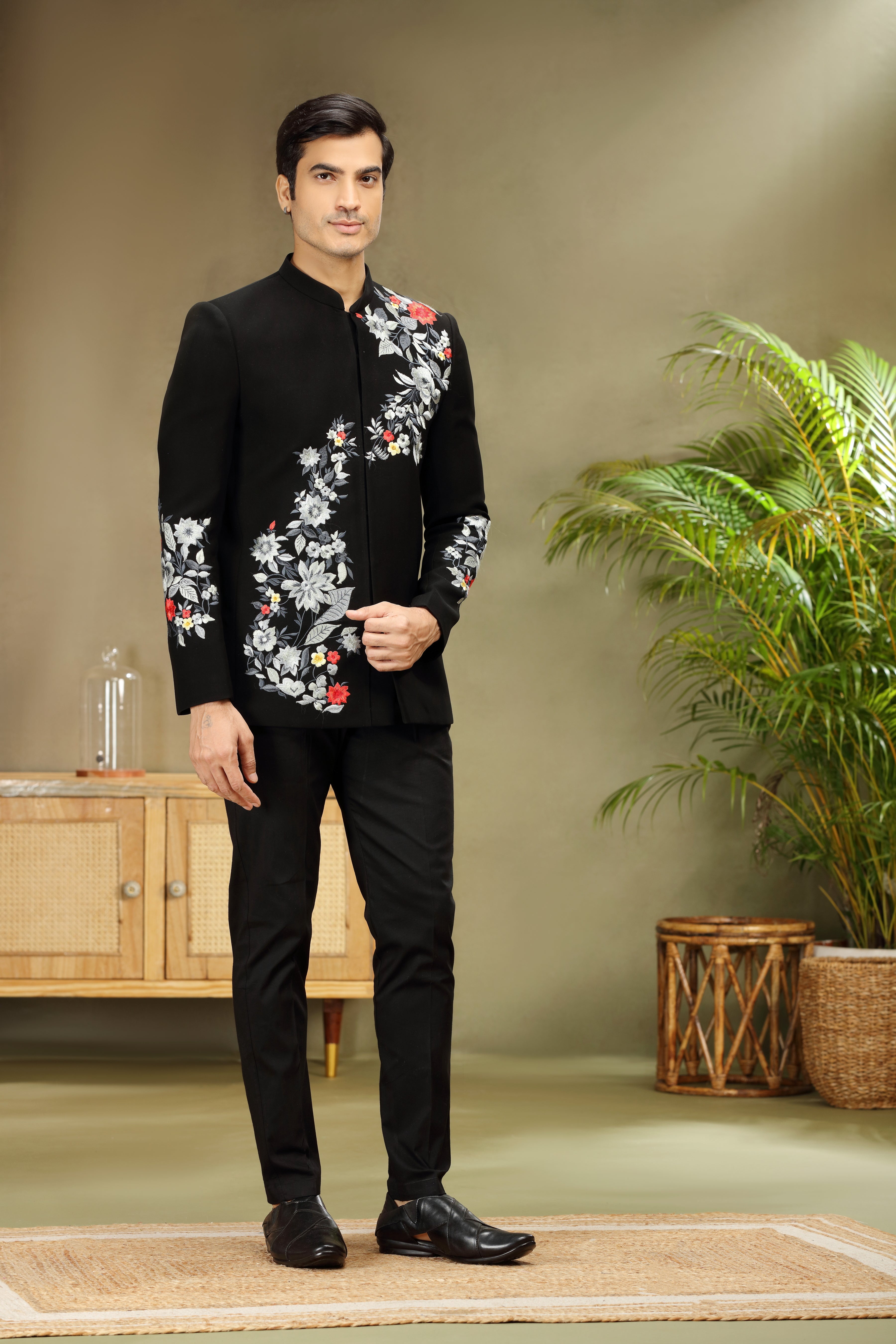 Black Jodhpuri Suit with Resham Work Classic Style