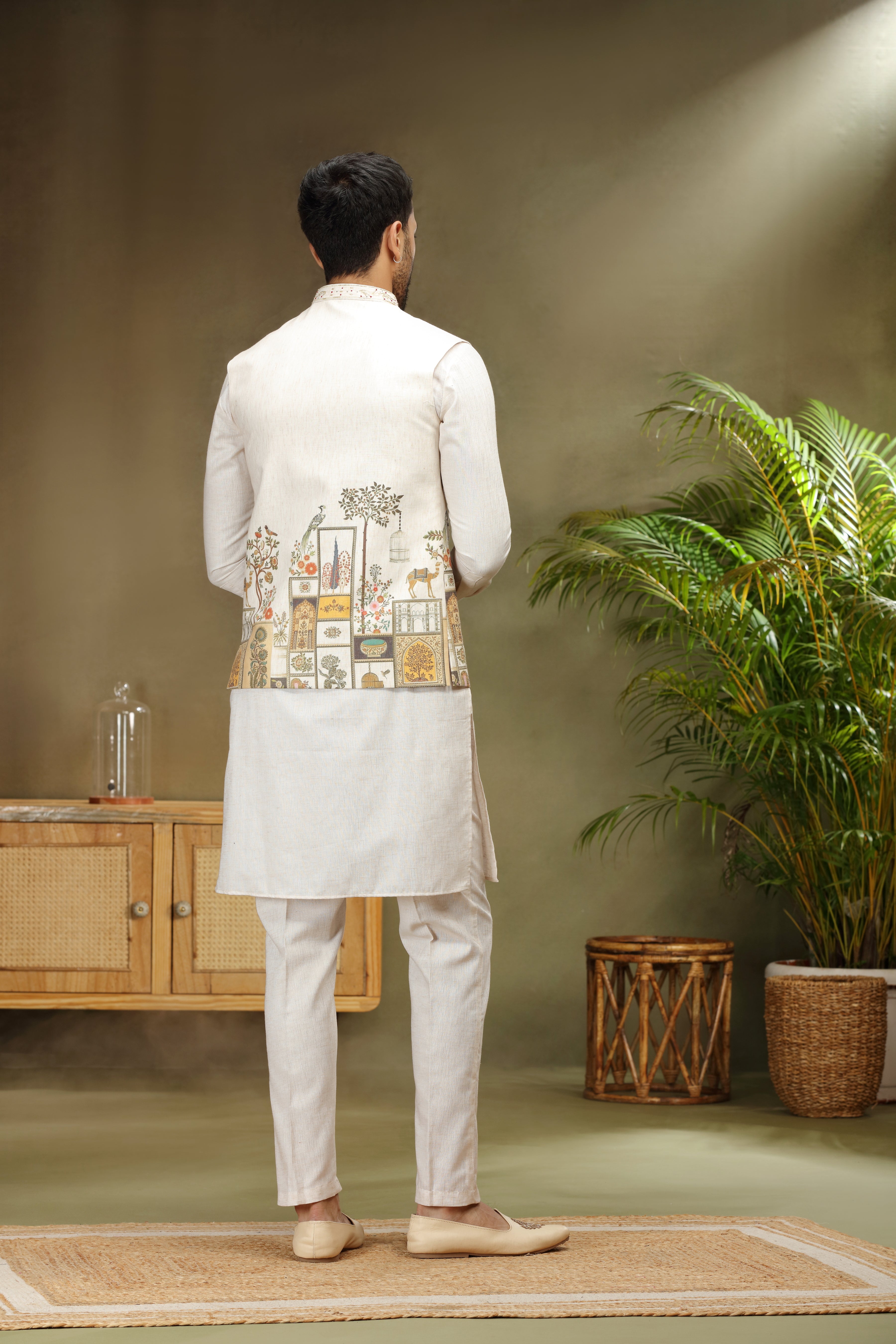 Cream Silk Koti Kurta with Print and Cutdana Work