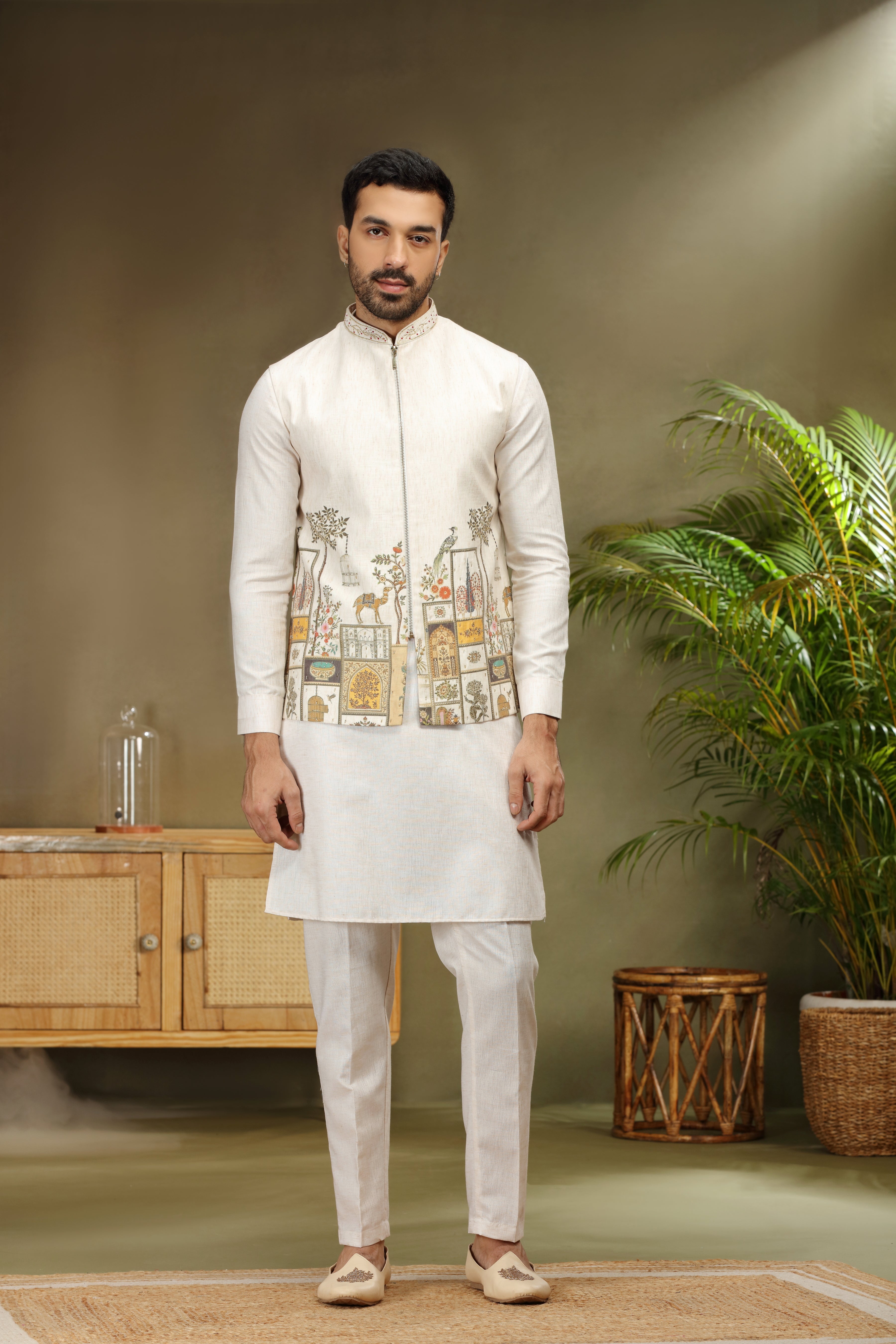 Cream Silk Koti Kurta with Print and Cutdana Work