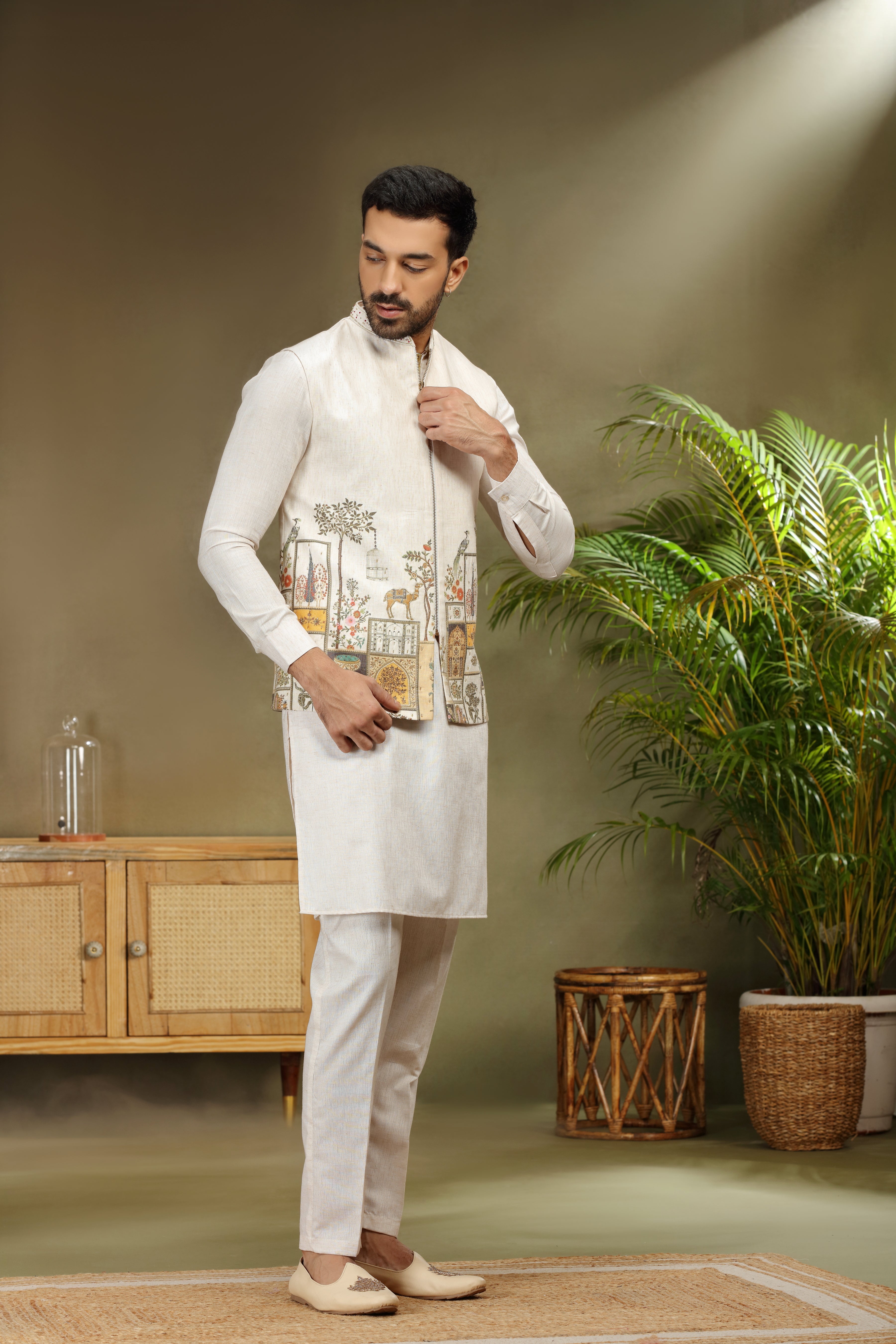 Cream Silk Koti Kurta with Print and Cutdana Work