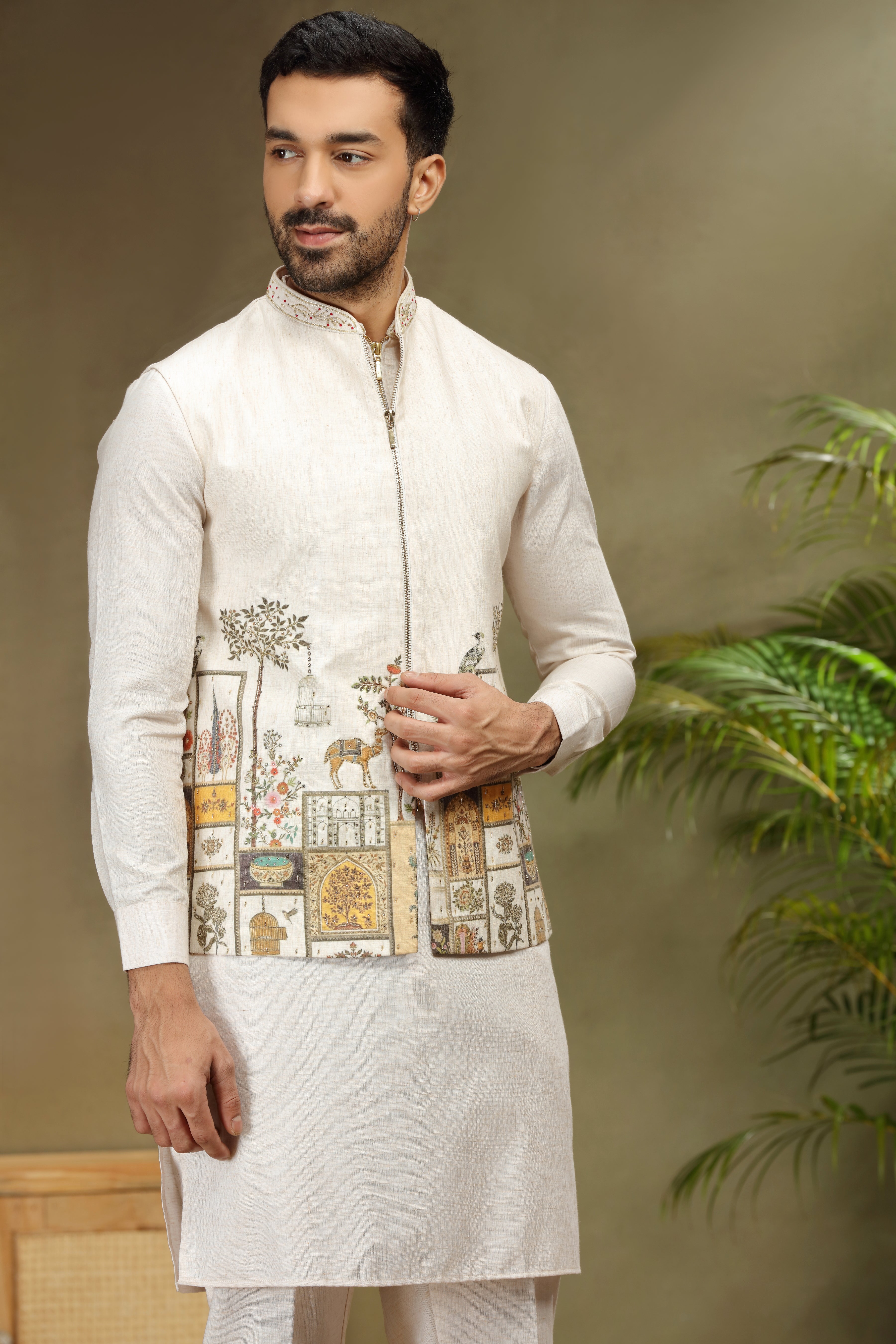 Cream Silk Koti Kurta with Print and Cutdana Work