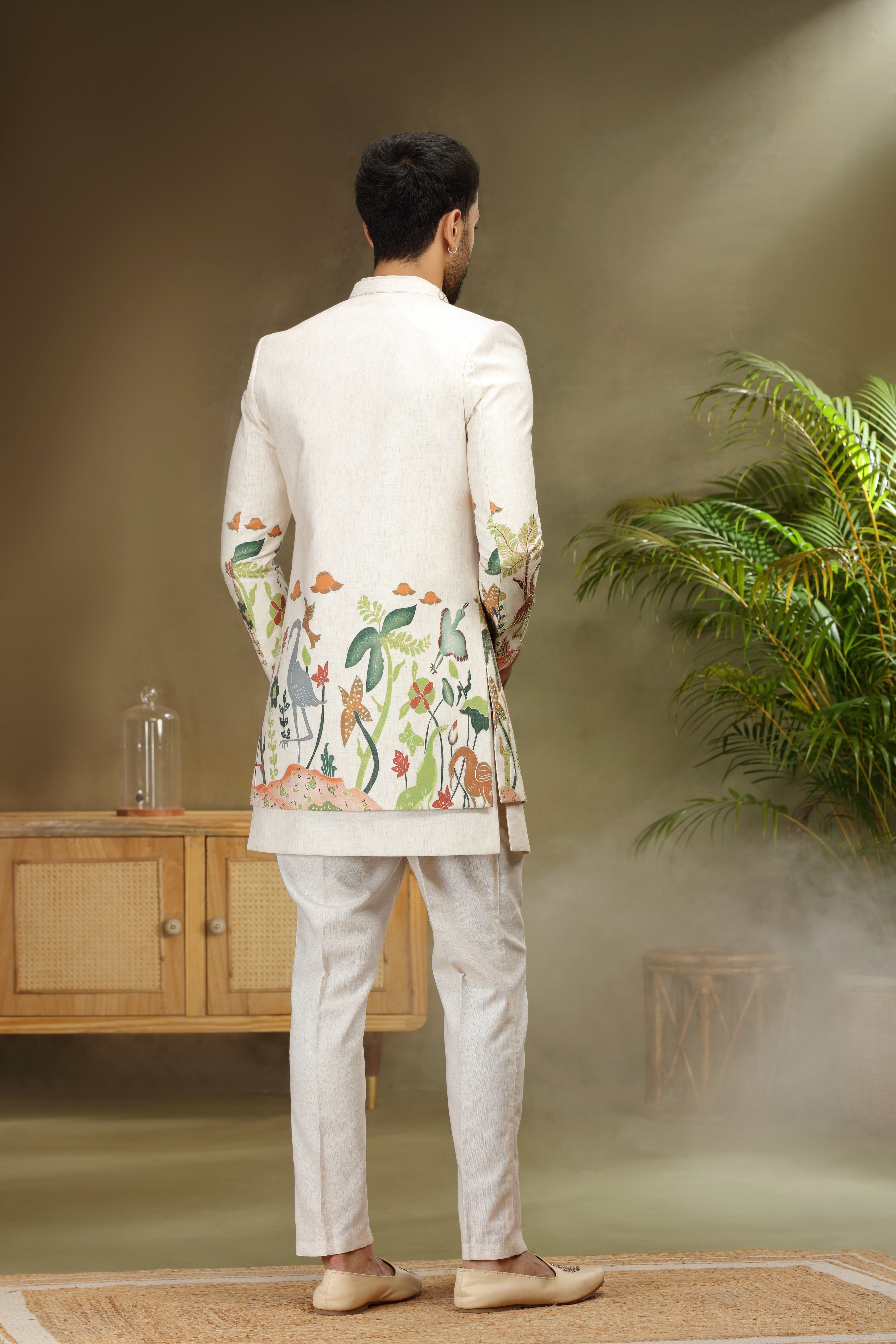 Cream Silk Indo Western with Print, Cutdana and Sequins Work