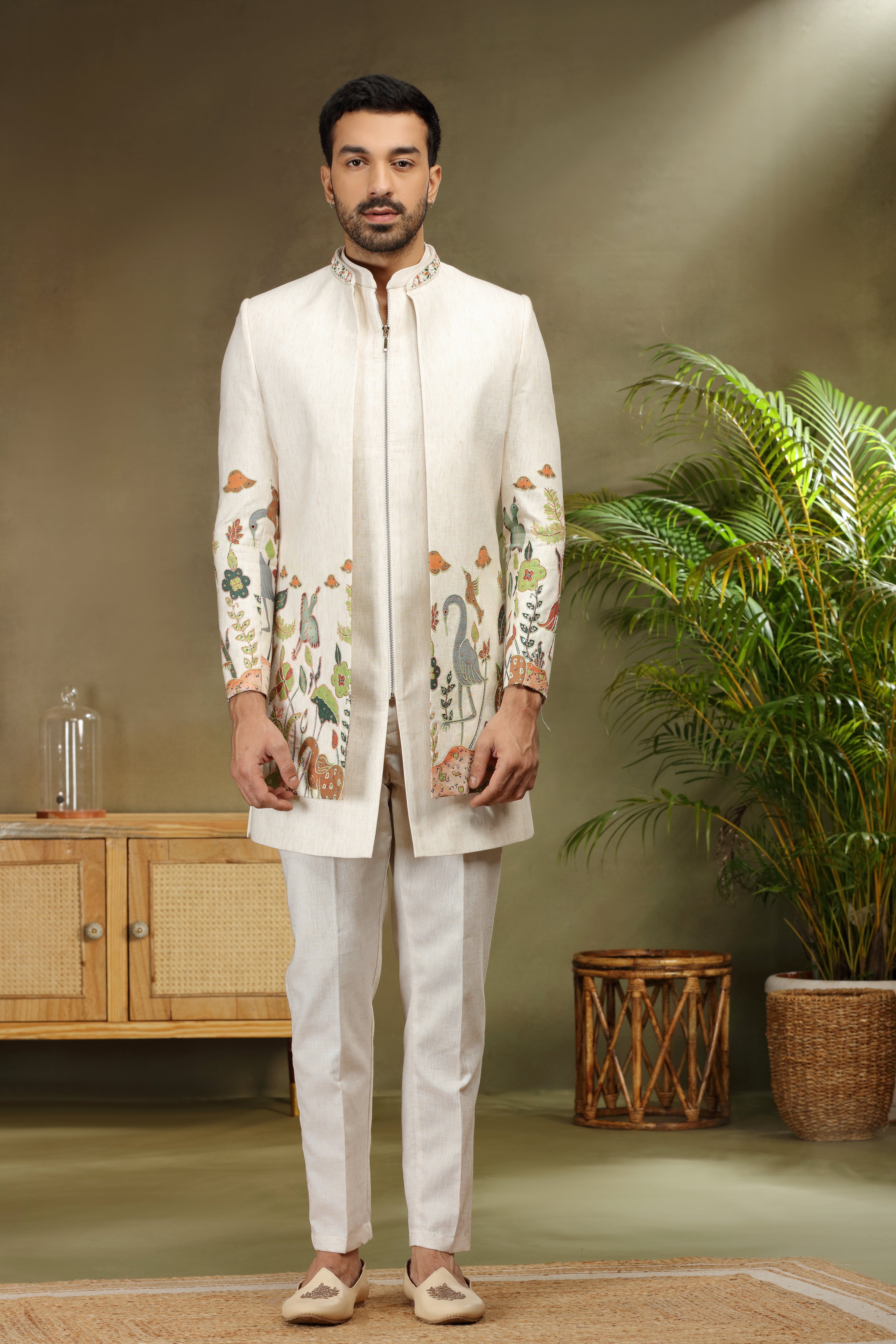 Cream Silk Indo Western with Print, Cutdana and Sequins Work